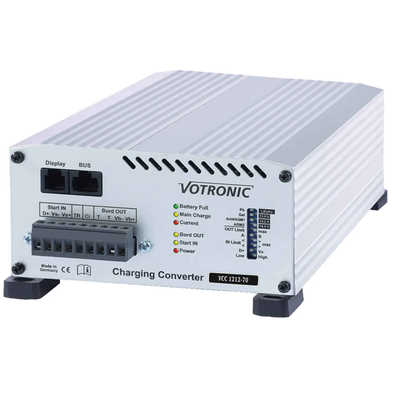 Silberner VOTRONIC Ladewandler VCC 1212-70 CI mit Kühlrippen, Anschlussklemmen, LED-Anzeigen und Einstellschaltern