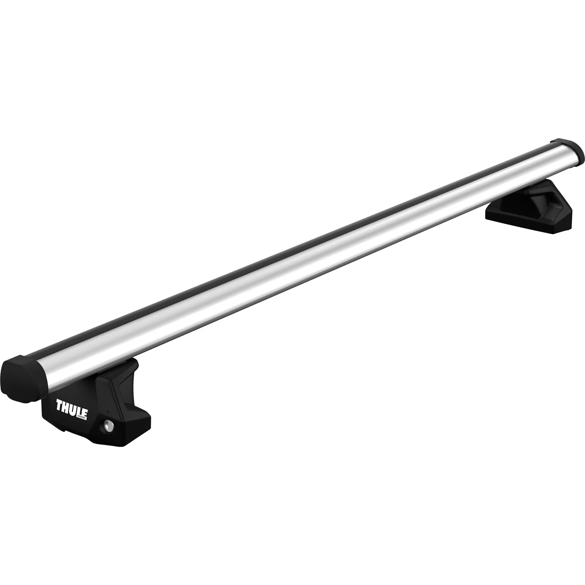 Thule Fixpoint Evo Dachträger-Querriegel aus Aluminium mit schwarzen Befestigungsklammern, Logo sichtbar