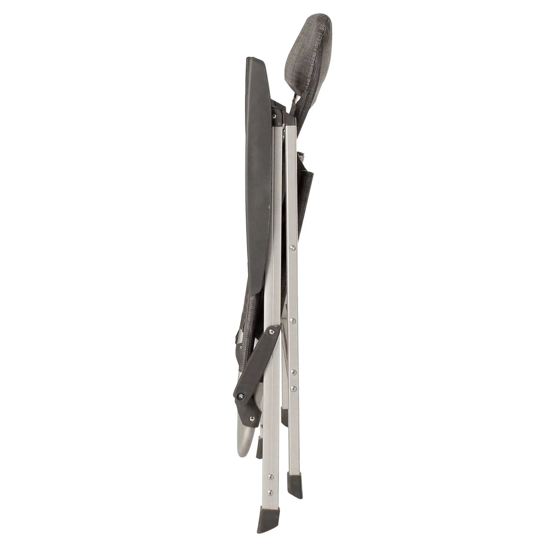 Zusammengeklappter Campingstuhl Skye Syntex Plus in Seitenansicht mit grauem Textilgewebe, Aluminiumrahmen und schwarzen Kunststofffüßen