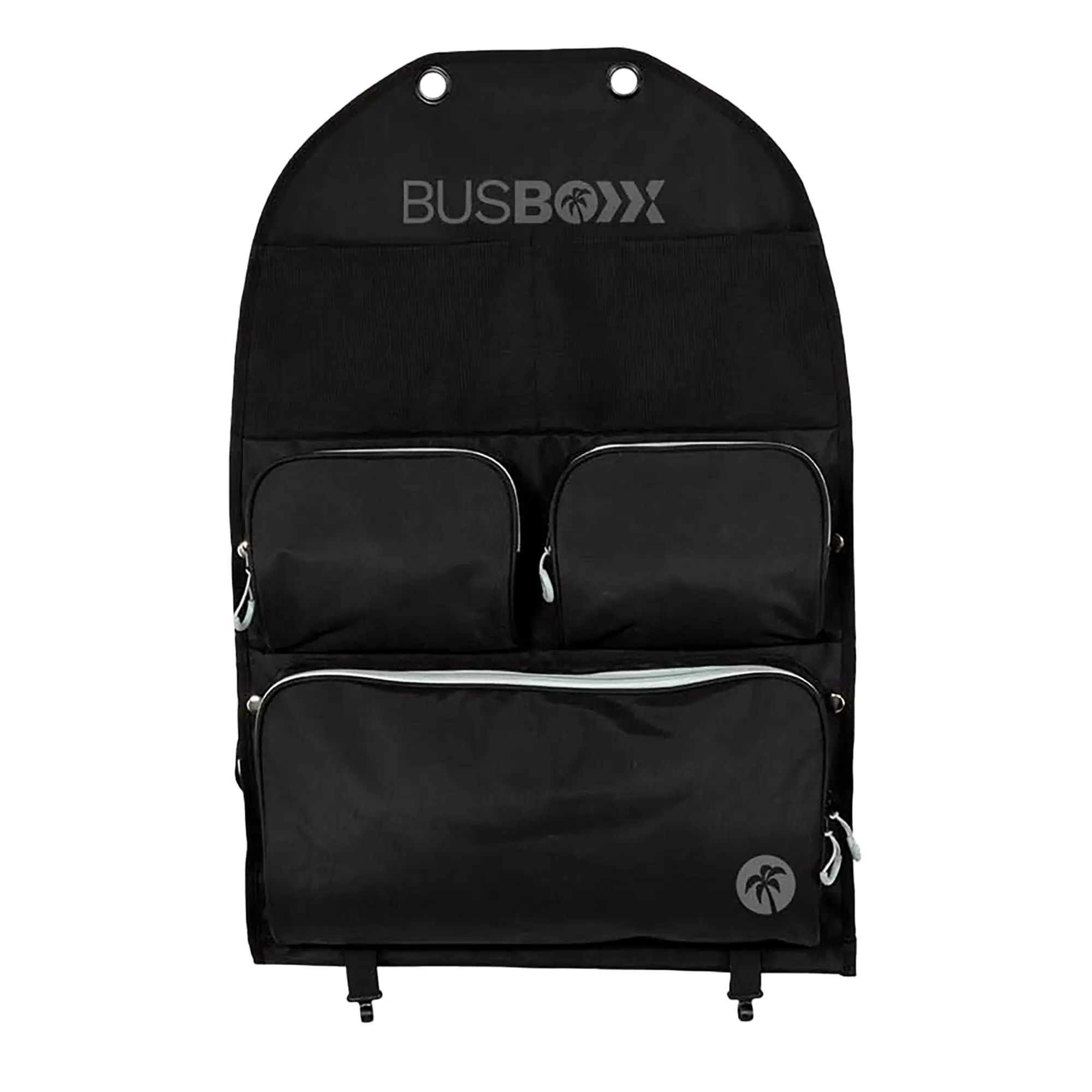Schwarze Organizer-Tasche mit mehreren Reißverschlussfächern, zwei Metallösen oben, BUSBOXX-Logo mit Palmen-Symbol