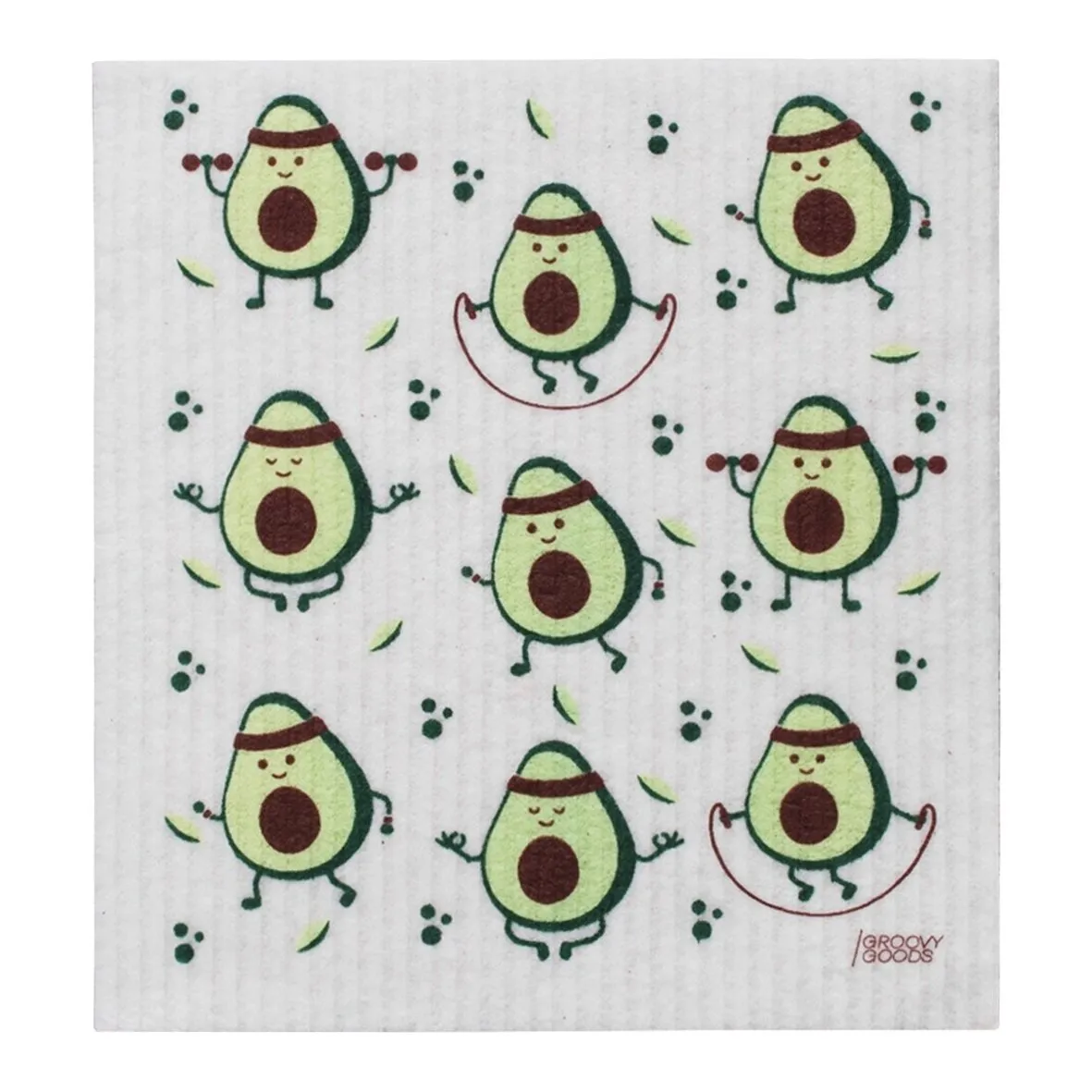 Ökologisches Schwammtuch mit weißem Grund und wiederholtem Muster aus grünen Avocadofiguren beim Sport, mit Groovy-Goods-Logo
