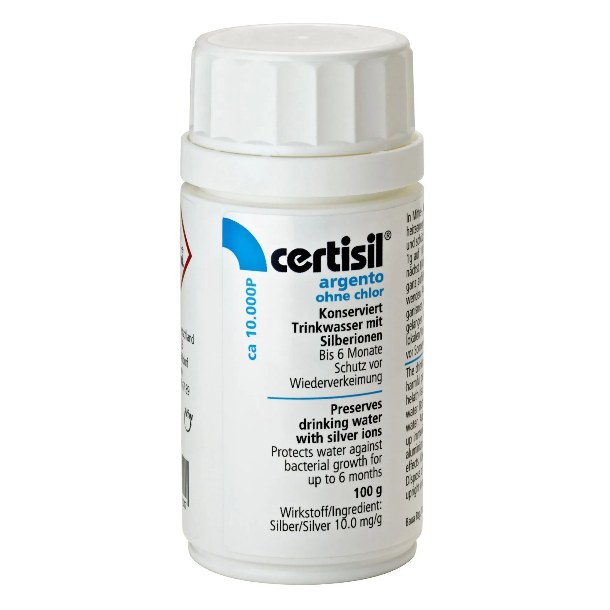Weiße Dose certisil argento ohne Chlor CA 1000 p, 100 g, zur Konservierung von Trinkwasser mit Silberionen