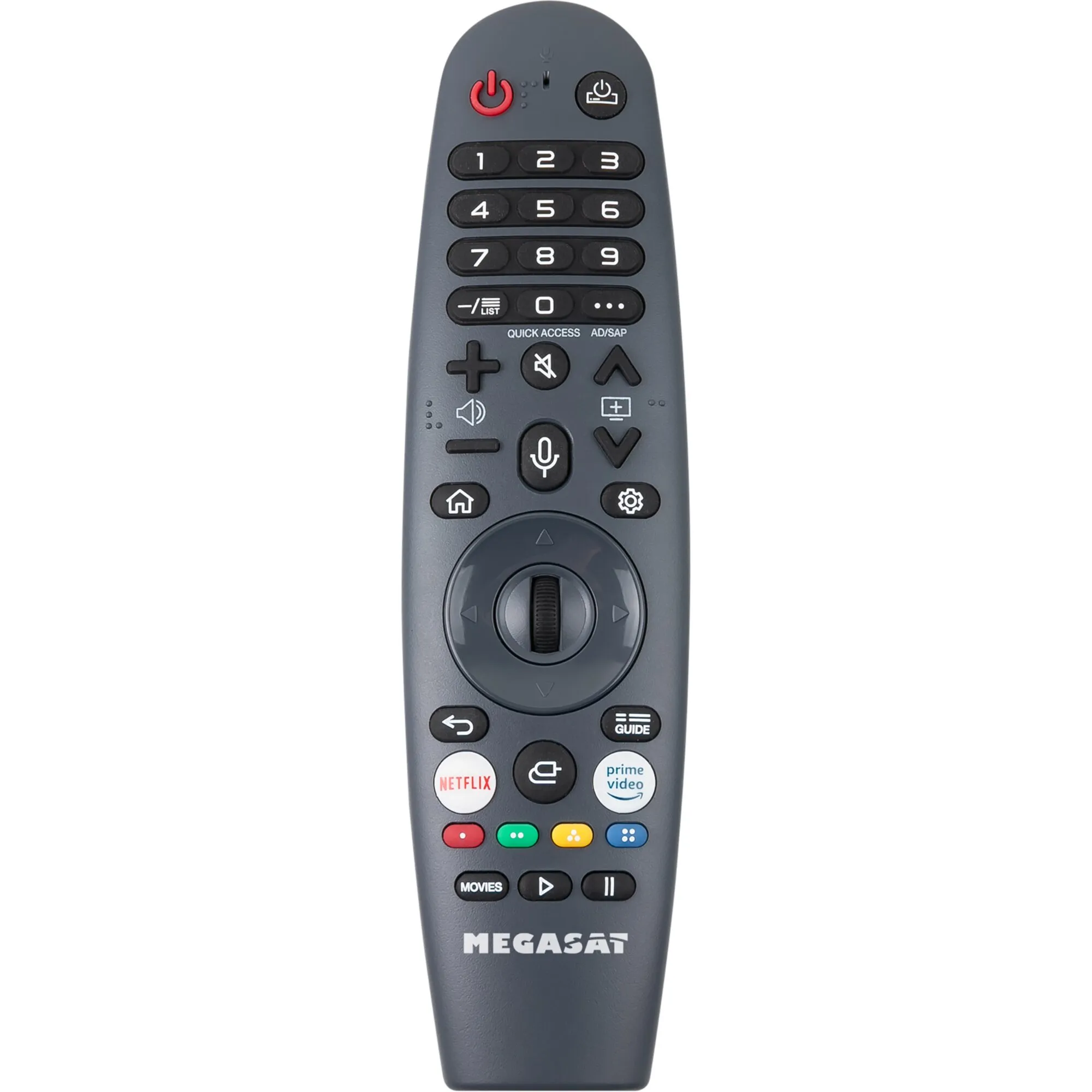 Schwarze MEGASAT-Fernbedienung für die Royal Line TFT-LED-Fernseher-DVD-Kombination mit Zahlen-, Navigations- und Streamingtasten