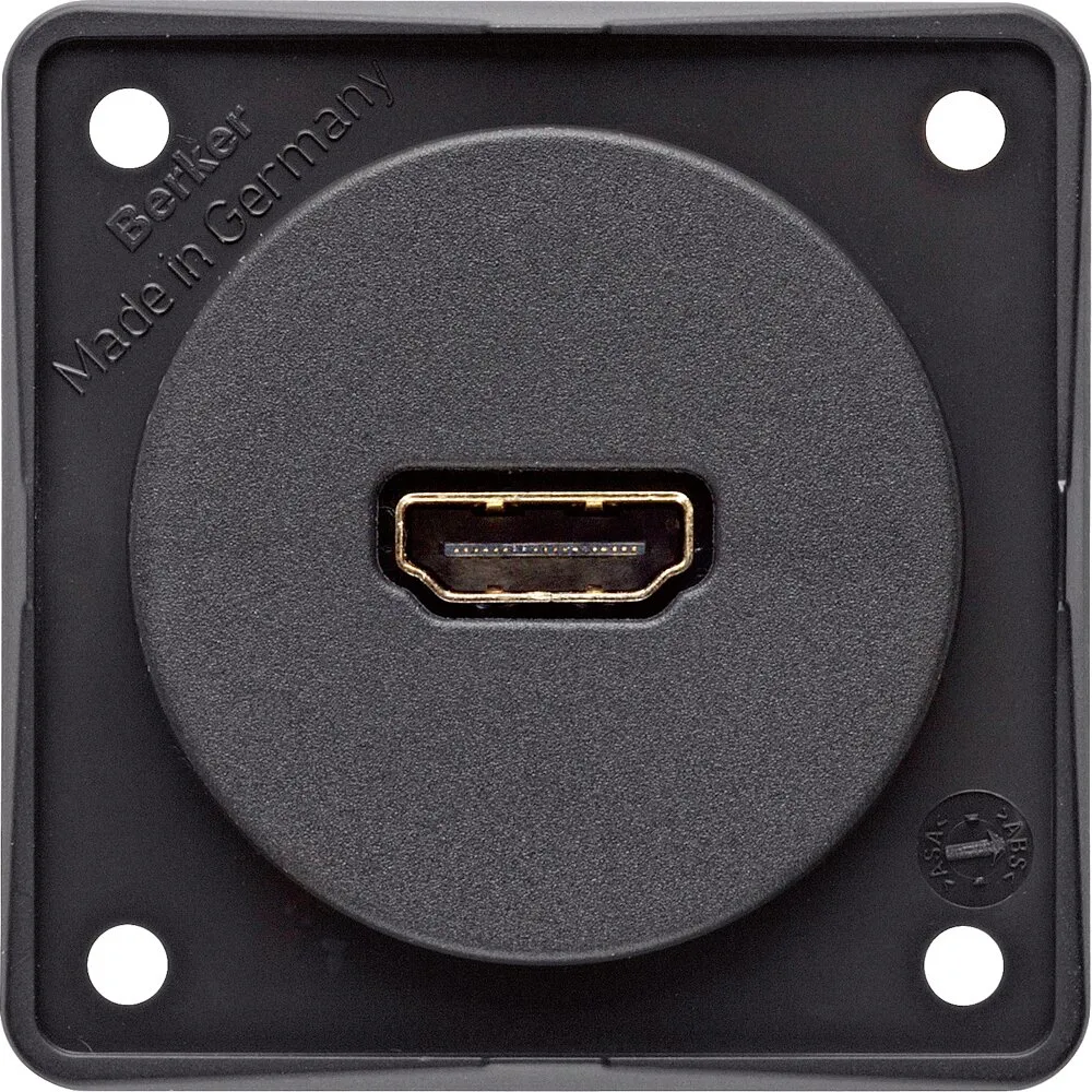 Schwarze HDMI-Steckdose mit zentraler HDMI-Buchse, quadratischer Abdeckung, vier Befestigungsöffnungen und Aufschrift Made in Germany