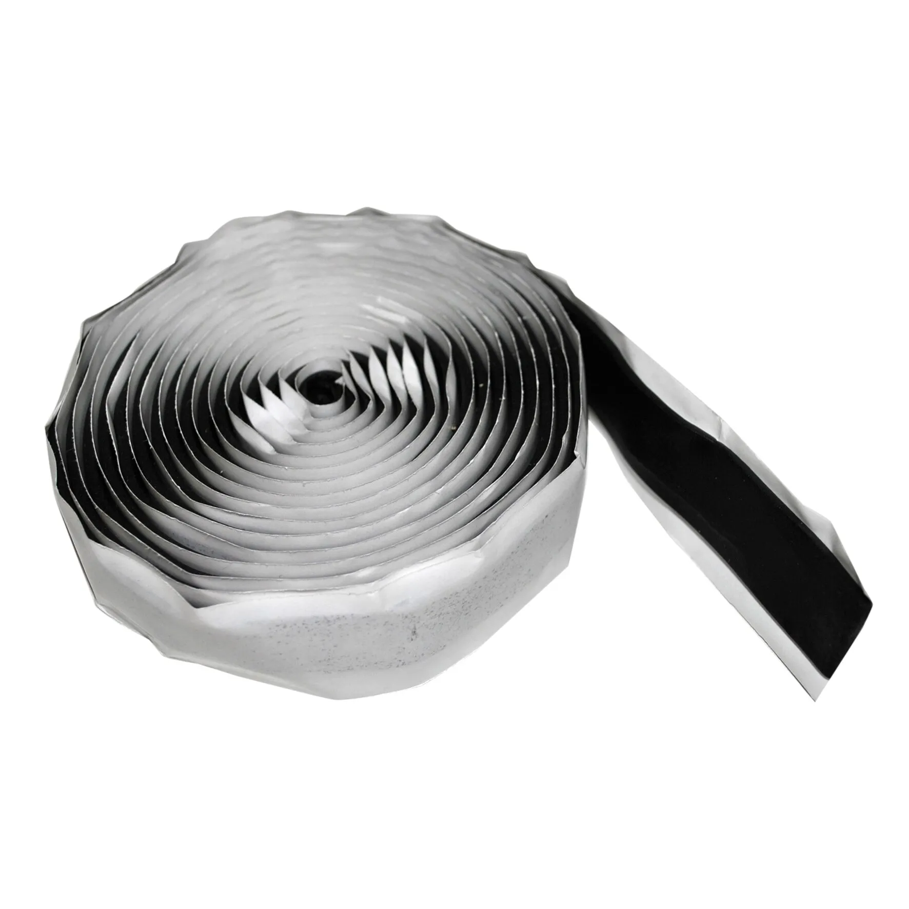 Schwarzes Butyl-Dichtband als aufgewickelte Rolle mit abgerolltem Streifen, 20 mm breit und 9,10 m lang