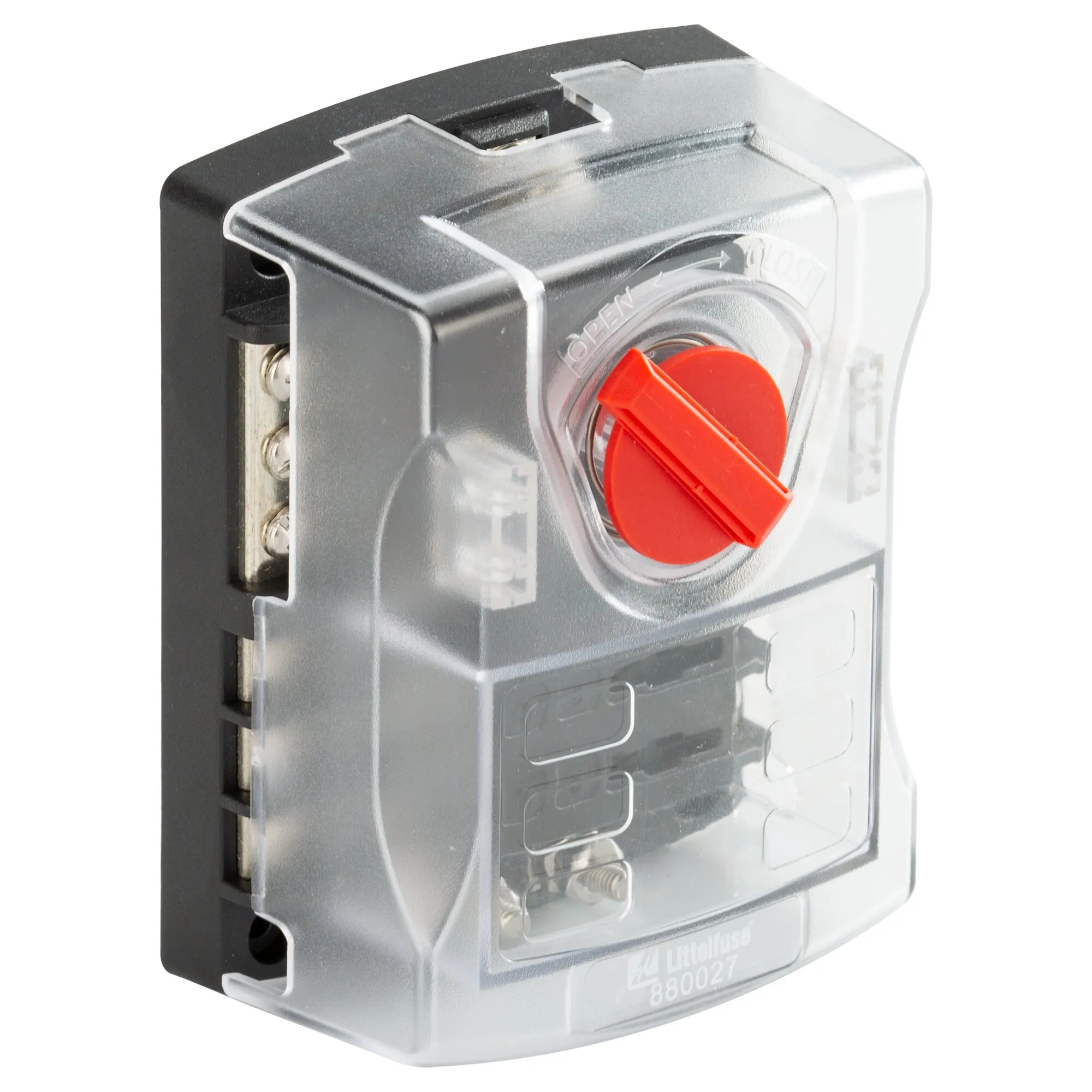 Sicherungsblock Littelfuse ST ATO Series mit Erdungsschiene, sechs Sicherungsplätzen und rotem Drehschalter unter transparenter Abdeckung