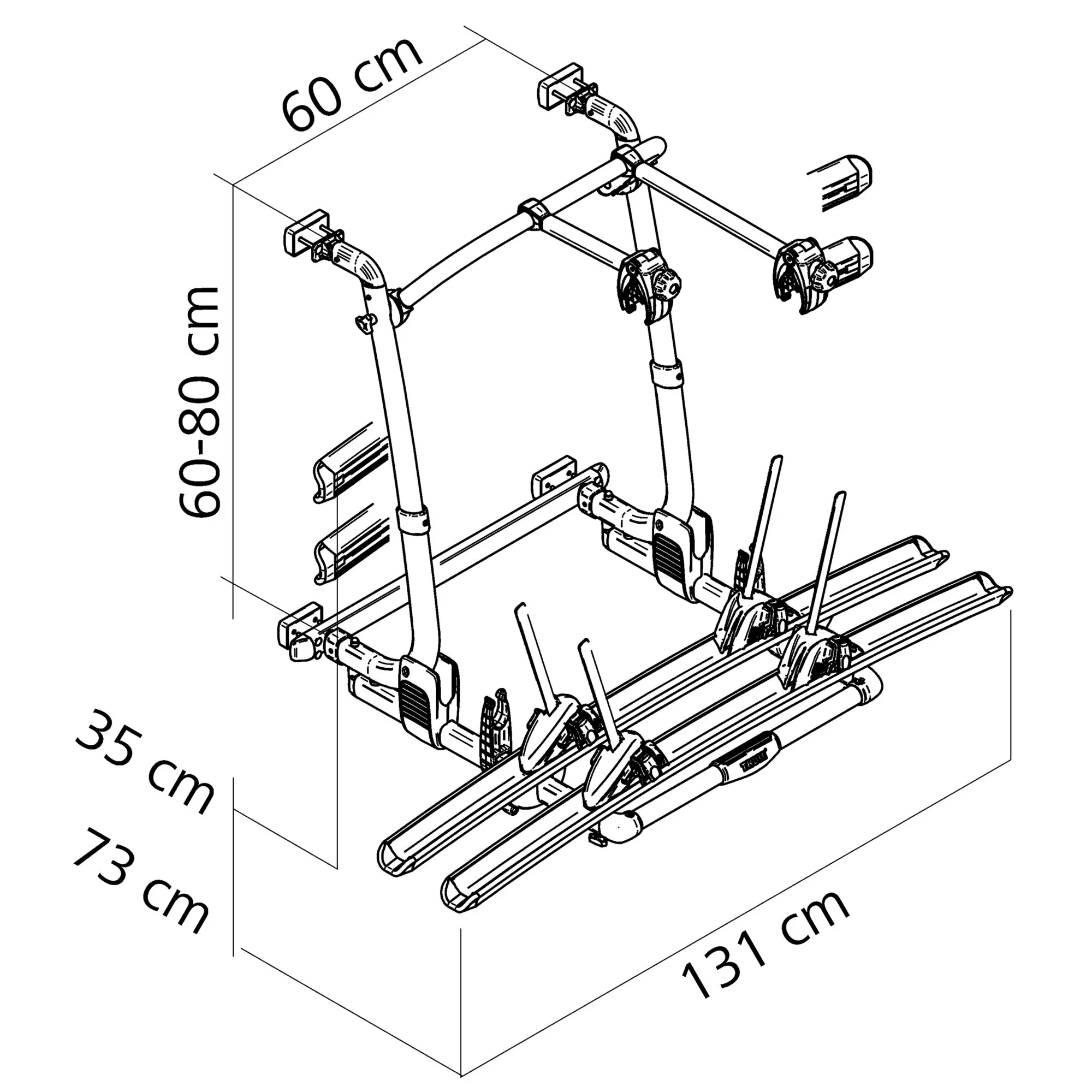Technische Zeichnung des Fahrradträgers Thule Excellent Short für zwei Fahrräder mit Radschienen und Maßen 131 × 73 × 60–80 cm