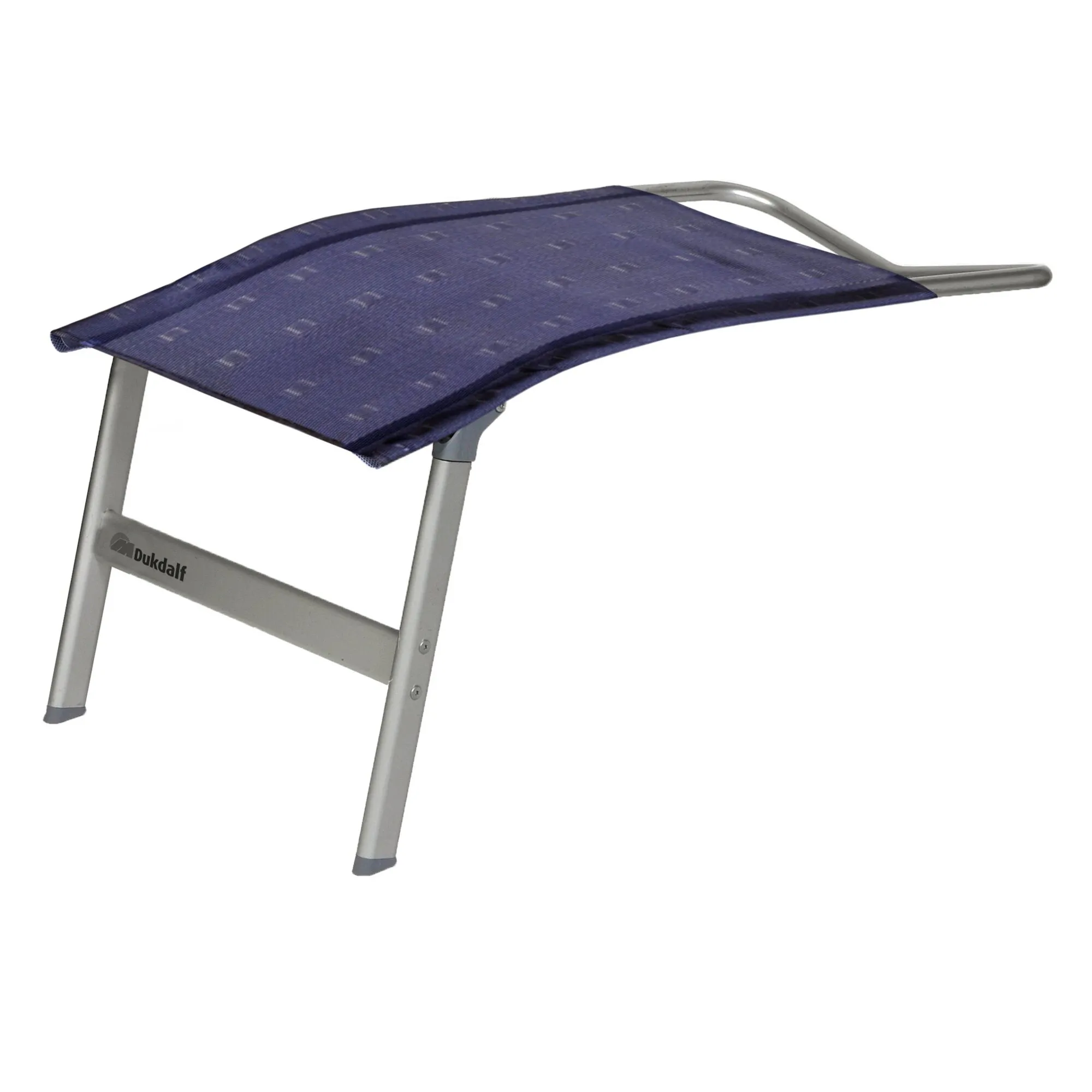 Blaue Fußauflage Fusion von Dukdalf mit gepolsterter Textilfläche und silbernem Metallgestell in Seitenansicht