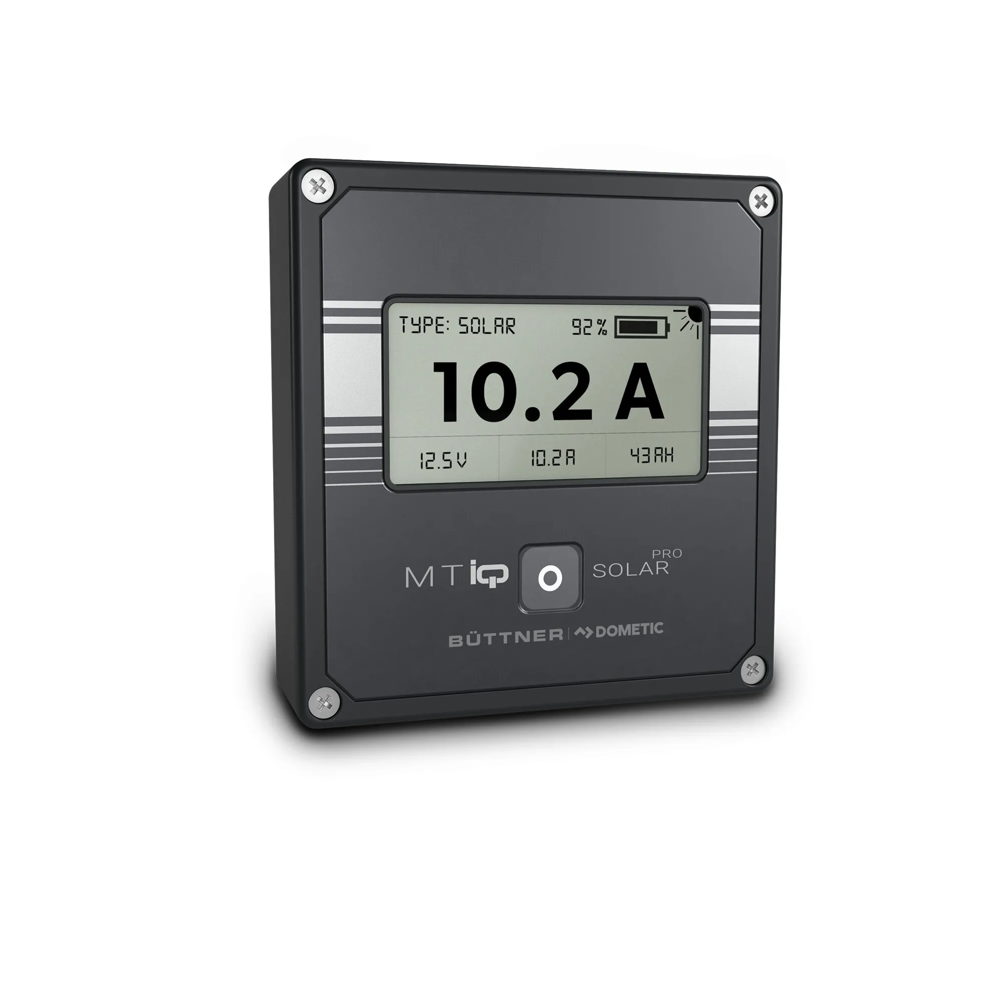 Schwarze Solar-Fernanzeige MT IQ Solar Pro von Büttner Dometic mit LCD-Anzeige für 10,2 A, 12,5 V und 93 % Ladezustand