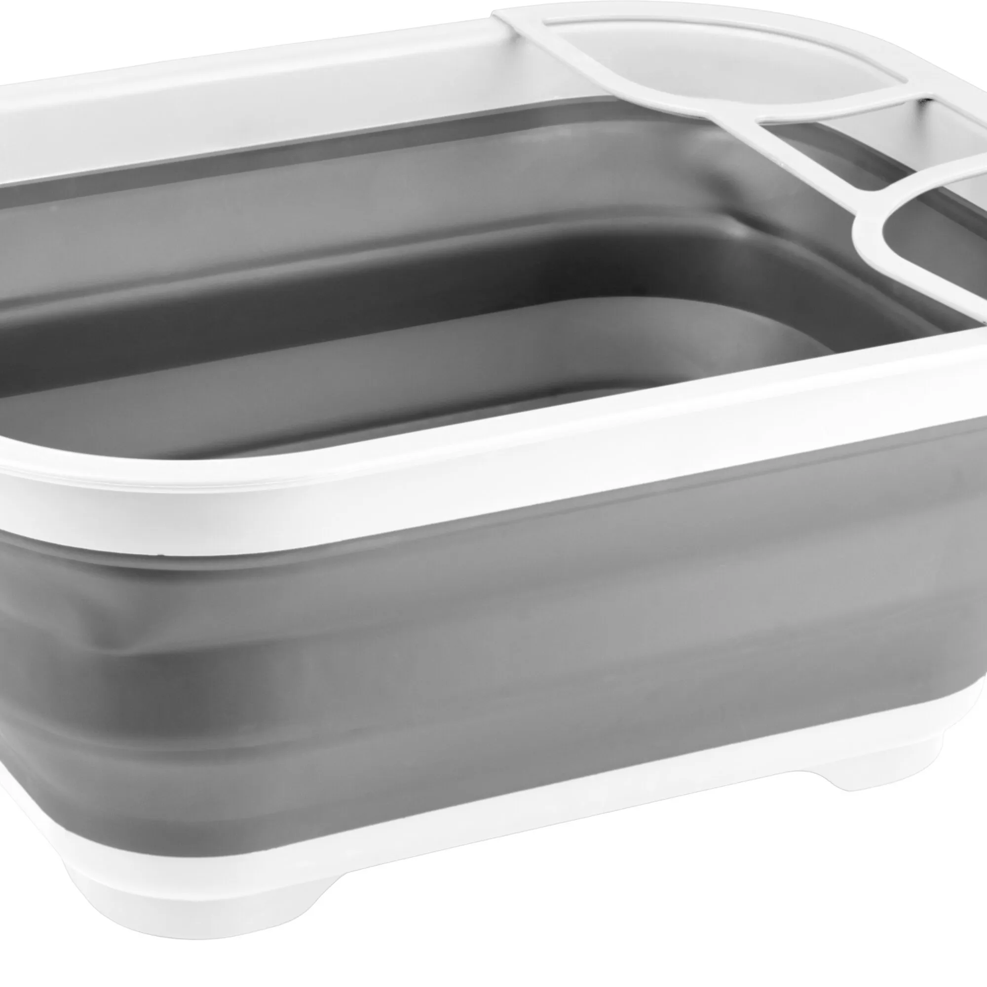 Weißer, faltbarer Geschirrabtropfer Dishaway aus Kunststoff, Nahaufnahme einer flachen Trockenfläche mit umlaufendem Rand