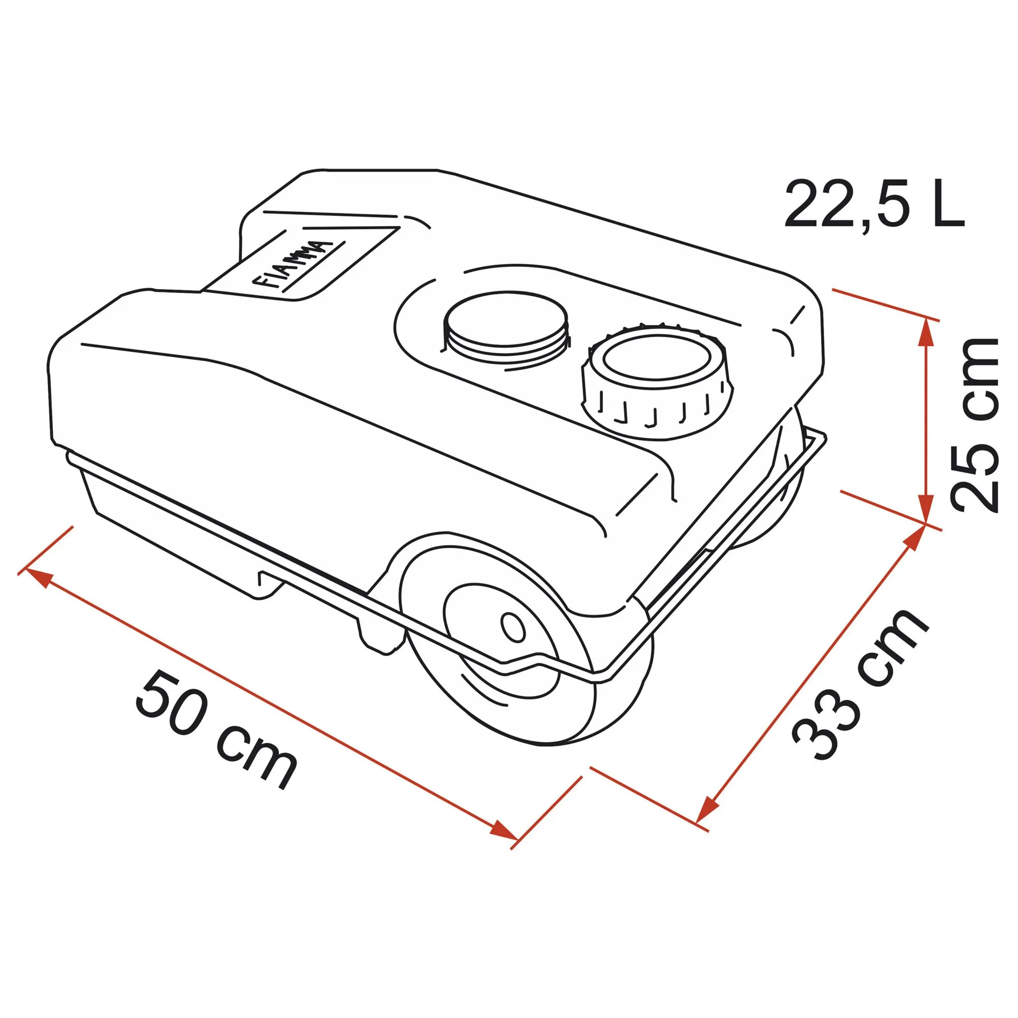 Technische Zeichnung des Rolltanks 23 W mit 22,5 l Fassungsvermögen, zwei Verschlüssen, Rollen und Maßen 50 × 33 × 25 cm