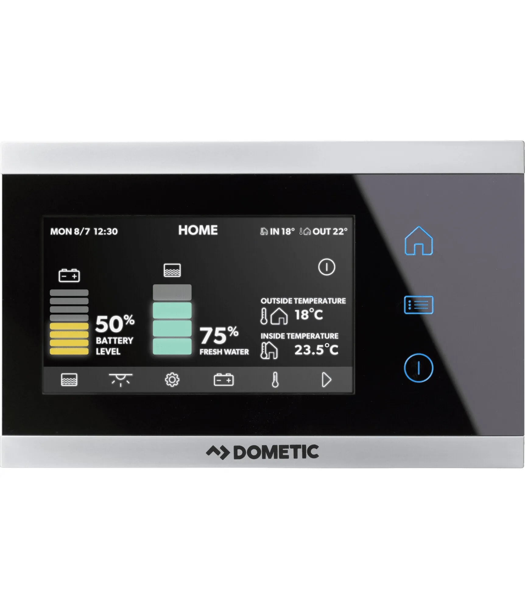 Bedienfeld des Dometic-Kühlschranks RCL 10.4EP mit schwarzem Touchdisplay, 50 % Batteriestand, 75 % Frischwasser und Temperaturanzeigen