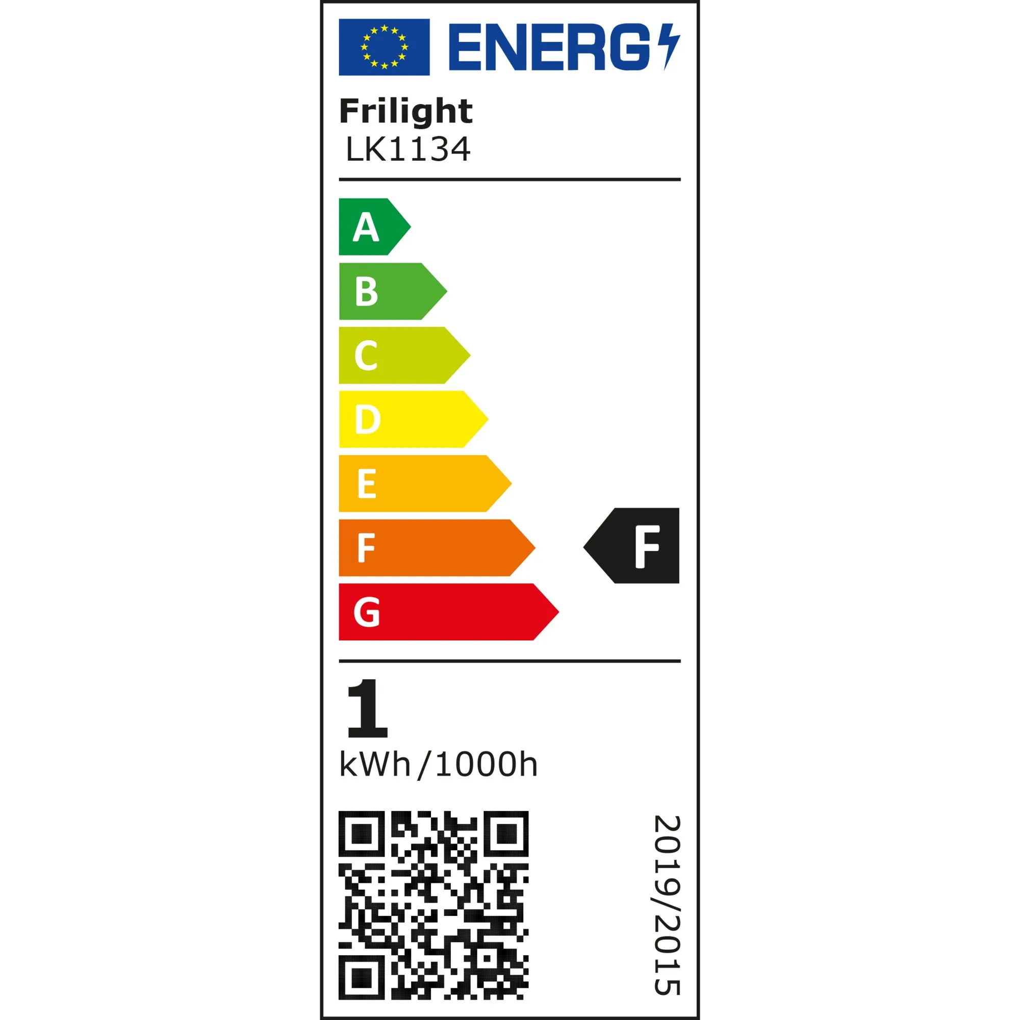 Energieetikett des Aufbauspots Flame 88 Touch Einheit von Frilight, Modell LK1134, Energieeffizienzklasse F und 1 kWh/1000 h