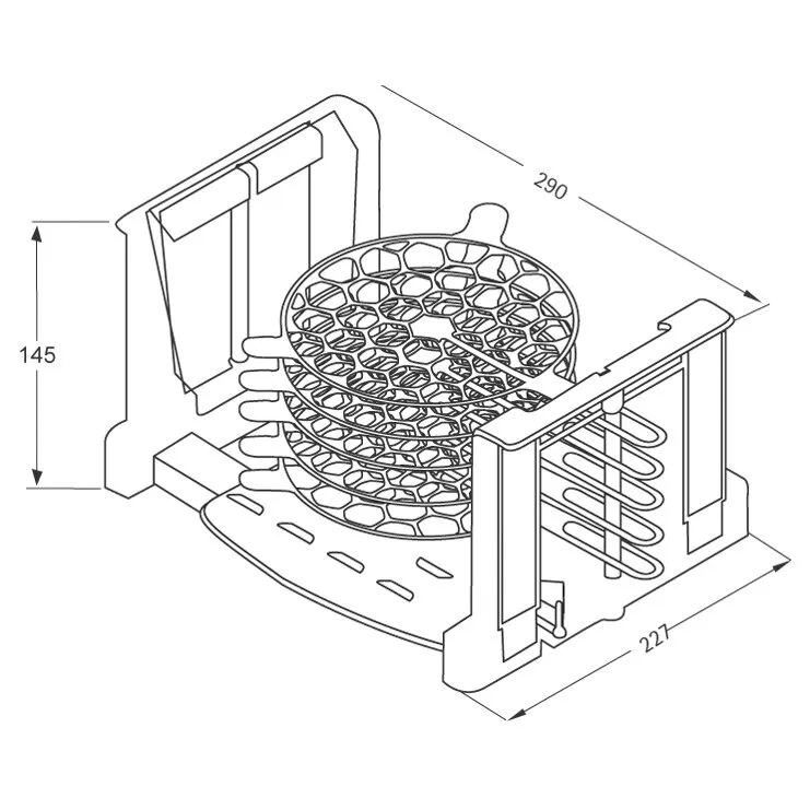 Technische Zeichnung eines Tellerhalters L mit gestapelten Tellern, seitlichen Halterungen und Maßangaben 290 × 221 × 145 mm