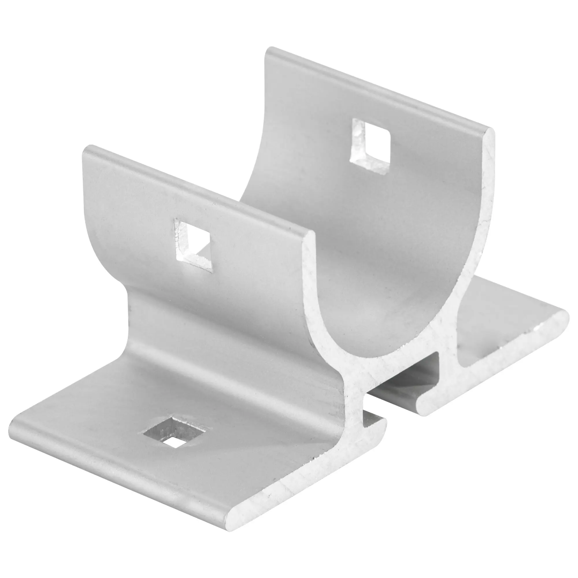 Silberne Metall-Halterung mit gebogener Unterseite und zwei senkrechten Stützplatten mit rechteckigen Aussparungen, Carry-Bike Lift 77