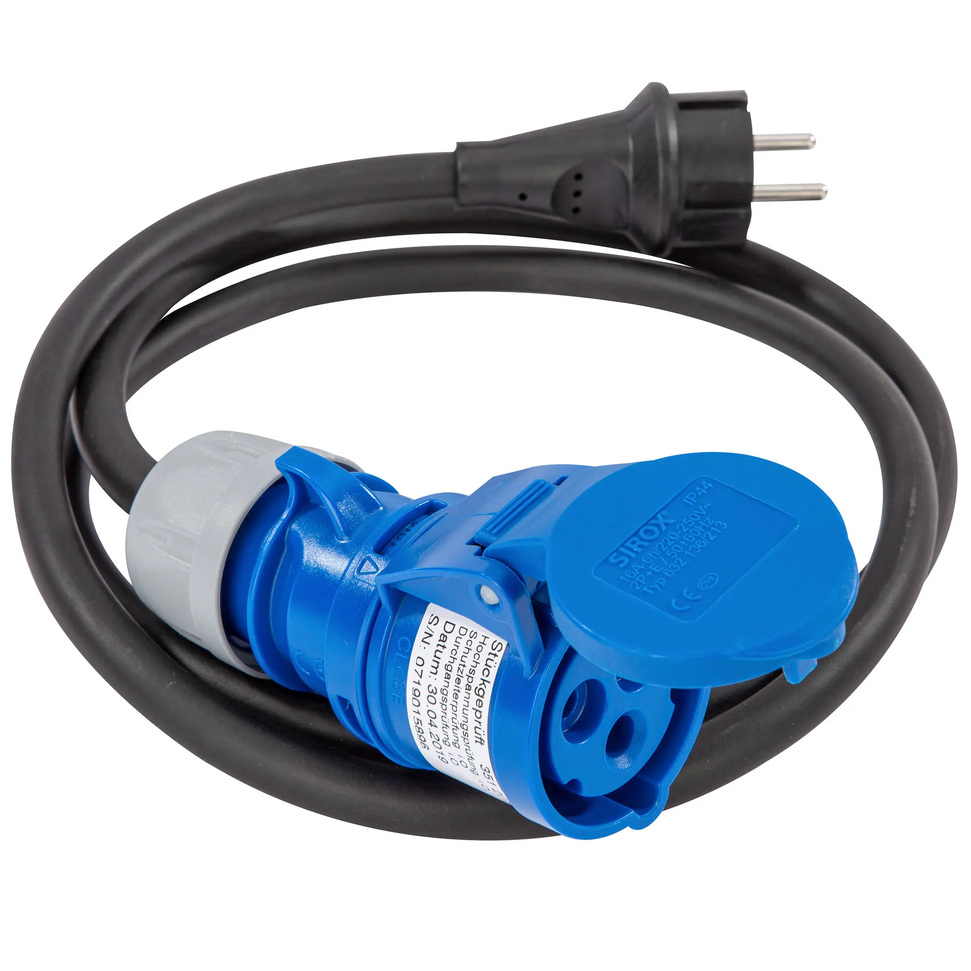 Adapterkabel Schuko/CEE, 3 m, schwarzes Kabel mit blauem runden Steckerteil; zwei silberne Stifte sind sichtbar
