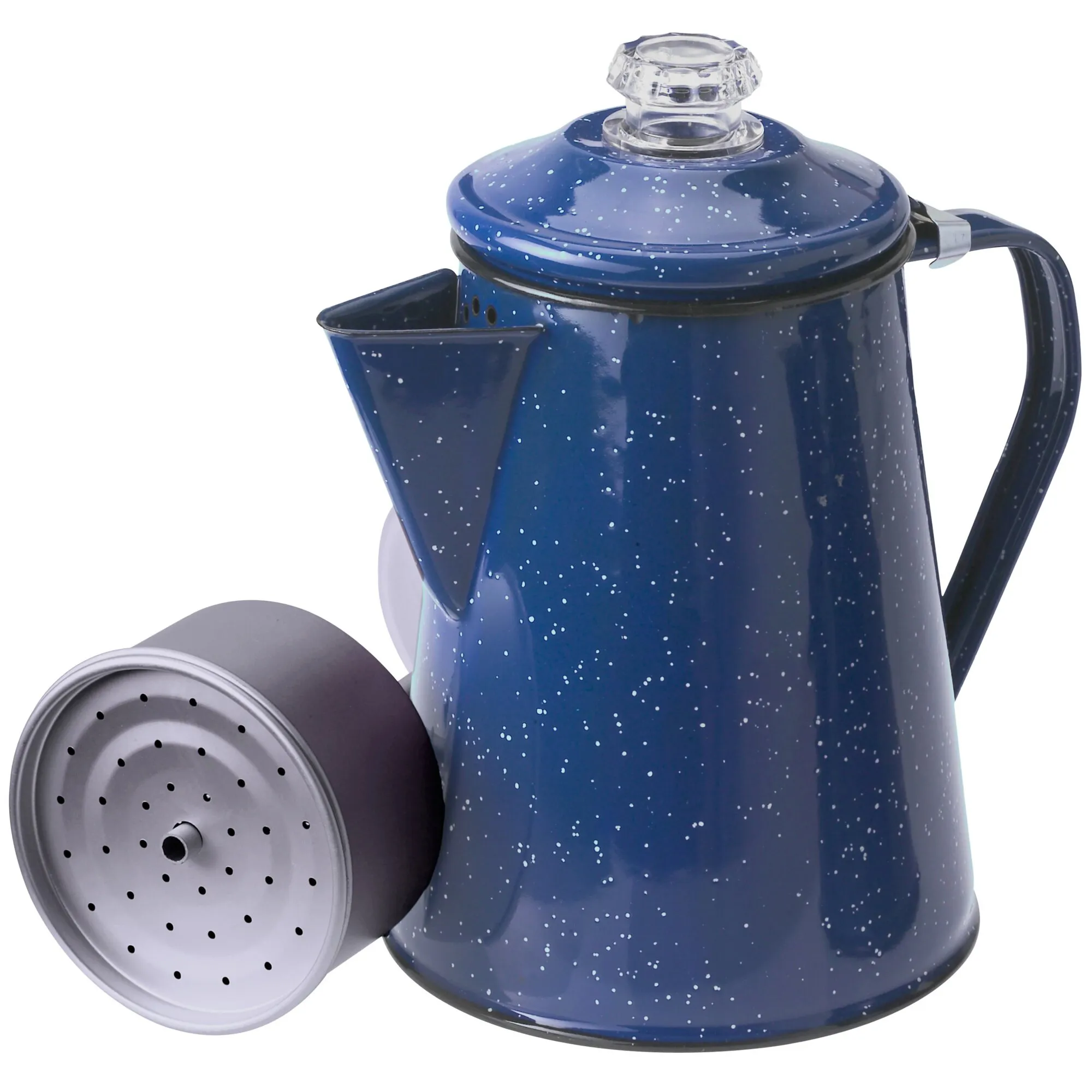 Dunkelblaue Emaille-Kanne mit weißen Sprenkeln, Deckel, Ausgusstülle, Henkel und abnehmbarem silbernem Sprühaufsatz
