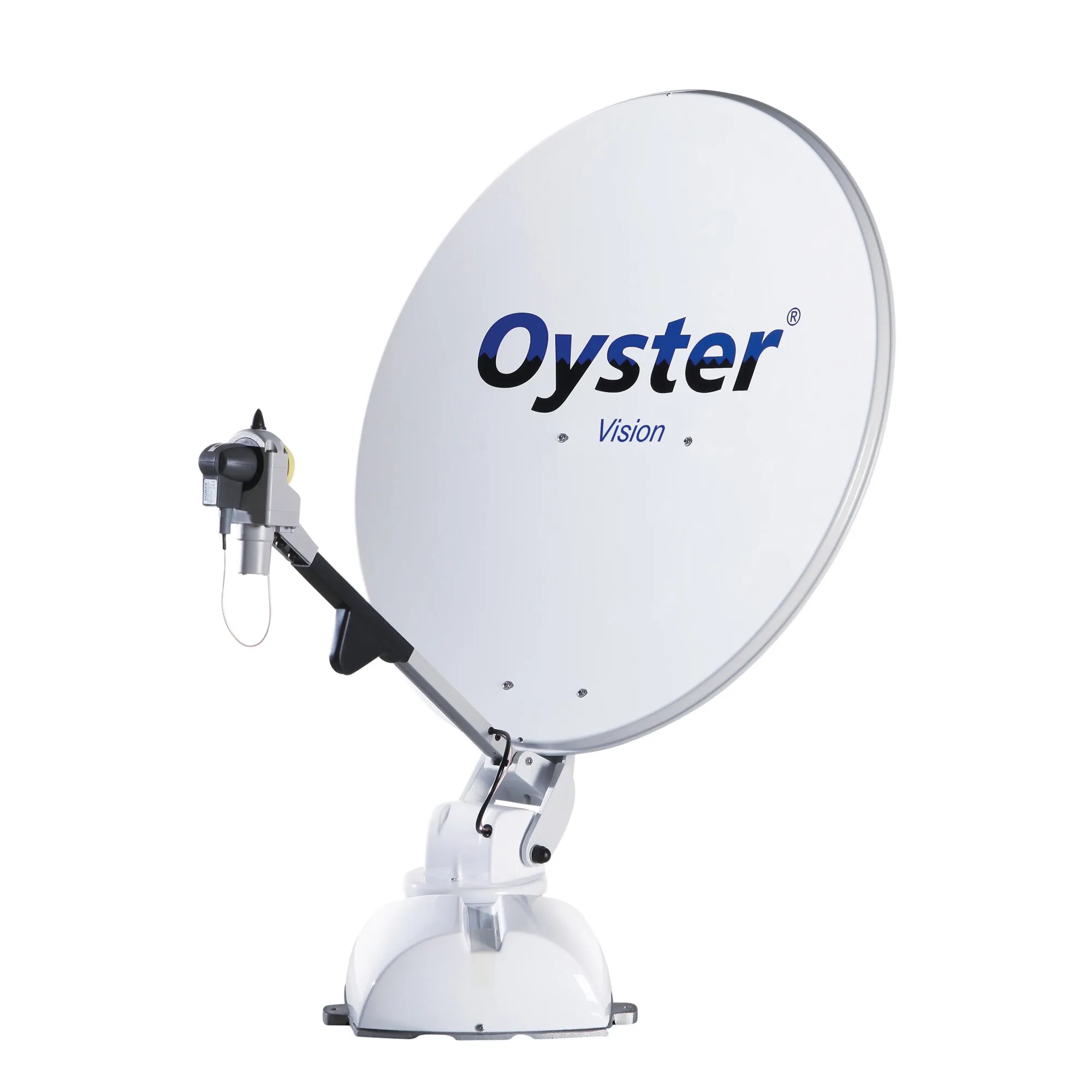 Weiße Oyster Vision Sat-Anlage mit 85-cm-Parabolantenne, LNB und Halterung auf weißem Standfuß vor weißem Hintergrund