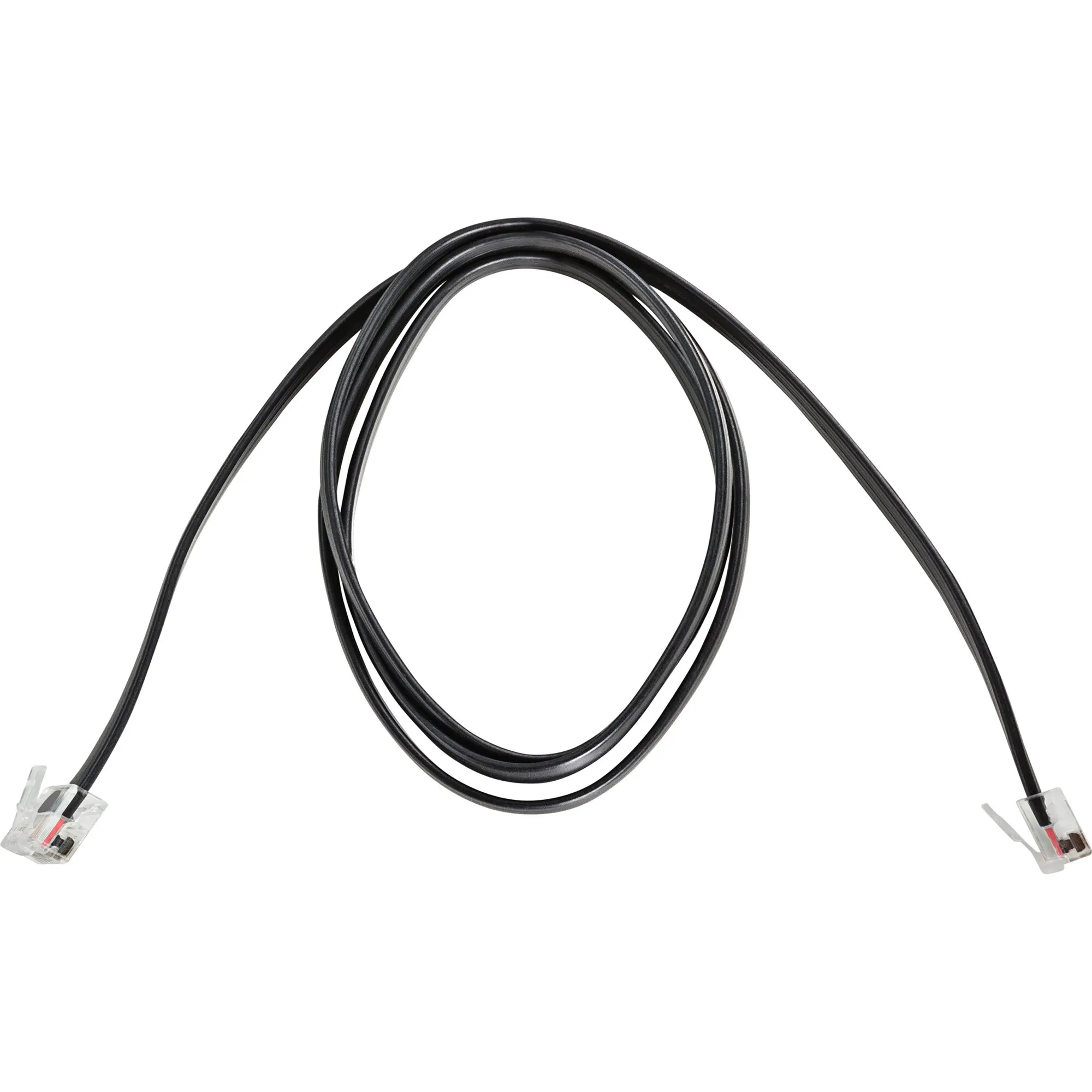 Schwarzes Datenkabel RJ12 mit zwei transparenten Steckern, auf weißem Hintergrund zu einer Schlaufe gelegt