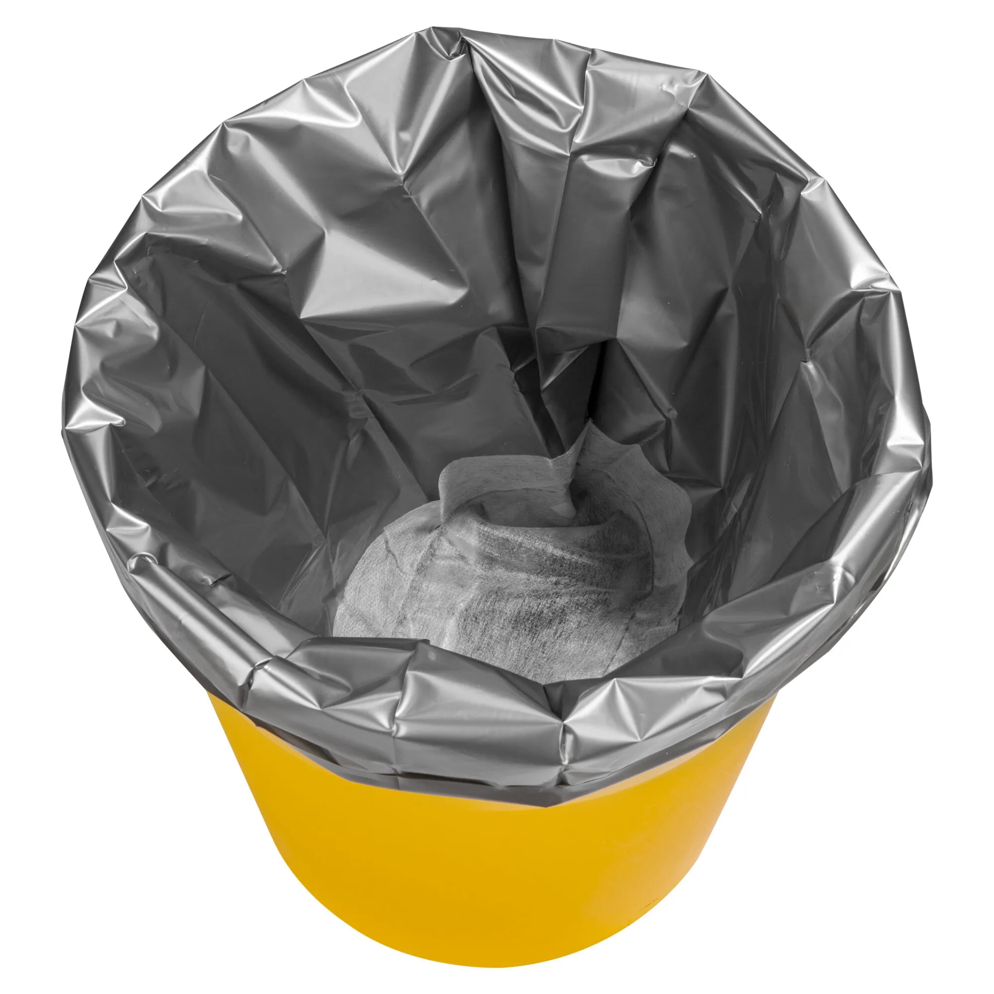 Geöffnete graue Toiletteneinlage Superbag in einem gelben Toiletteneimer mit saugfähigem Vlies im Inneren