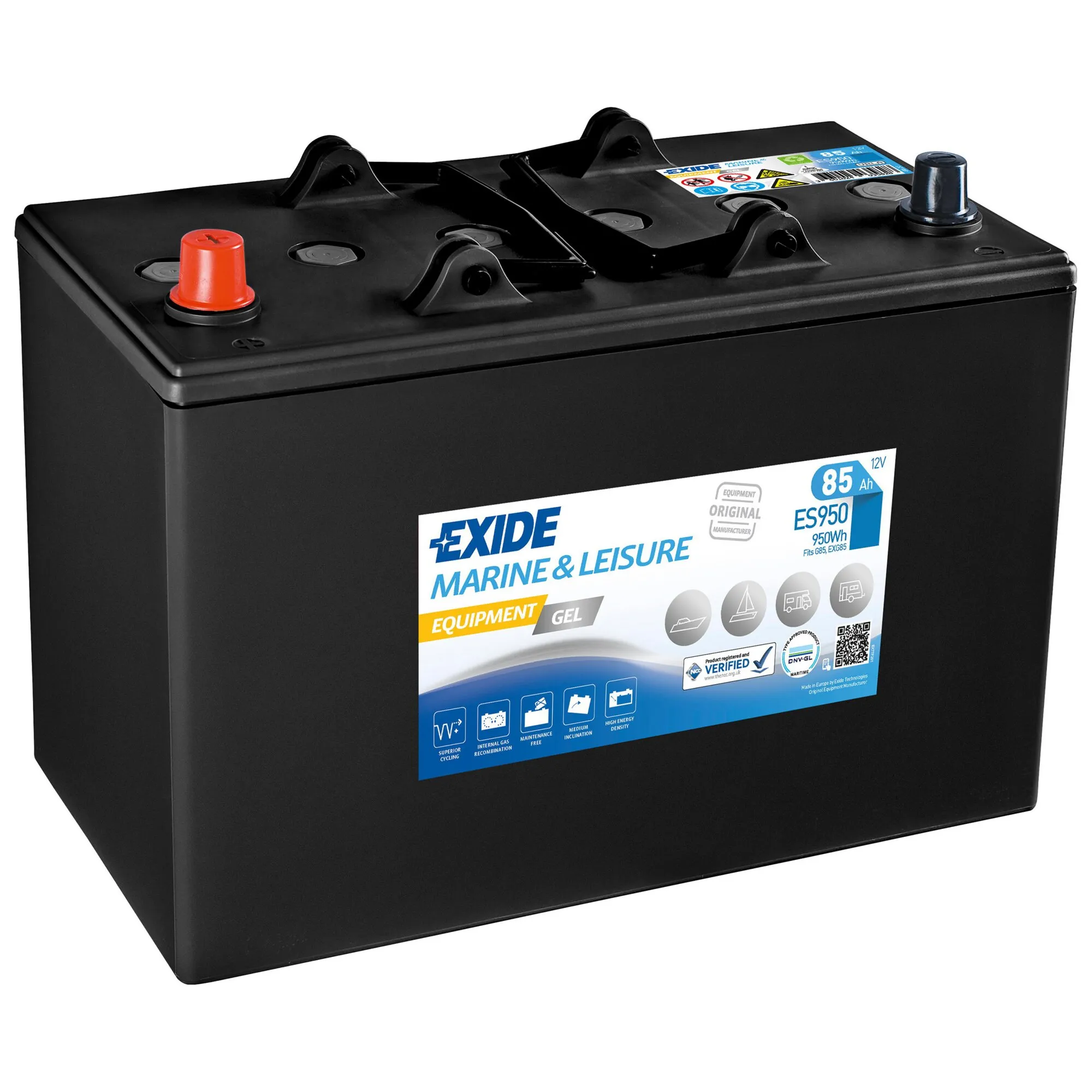 Schwarze Exide GEL-Batterie Marine & Leisure Equipment mit 12 V, 85 Ah, Tragegriffen und roten sowie schwarzen Anschlüssen