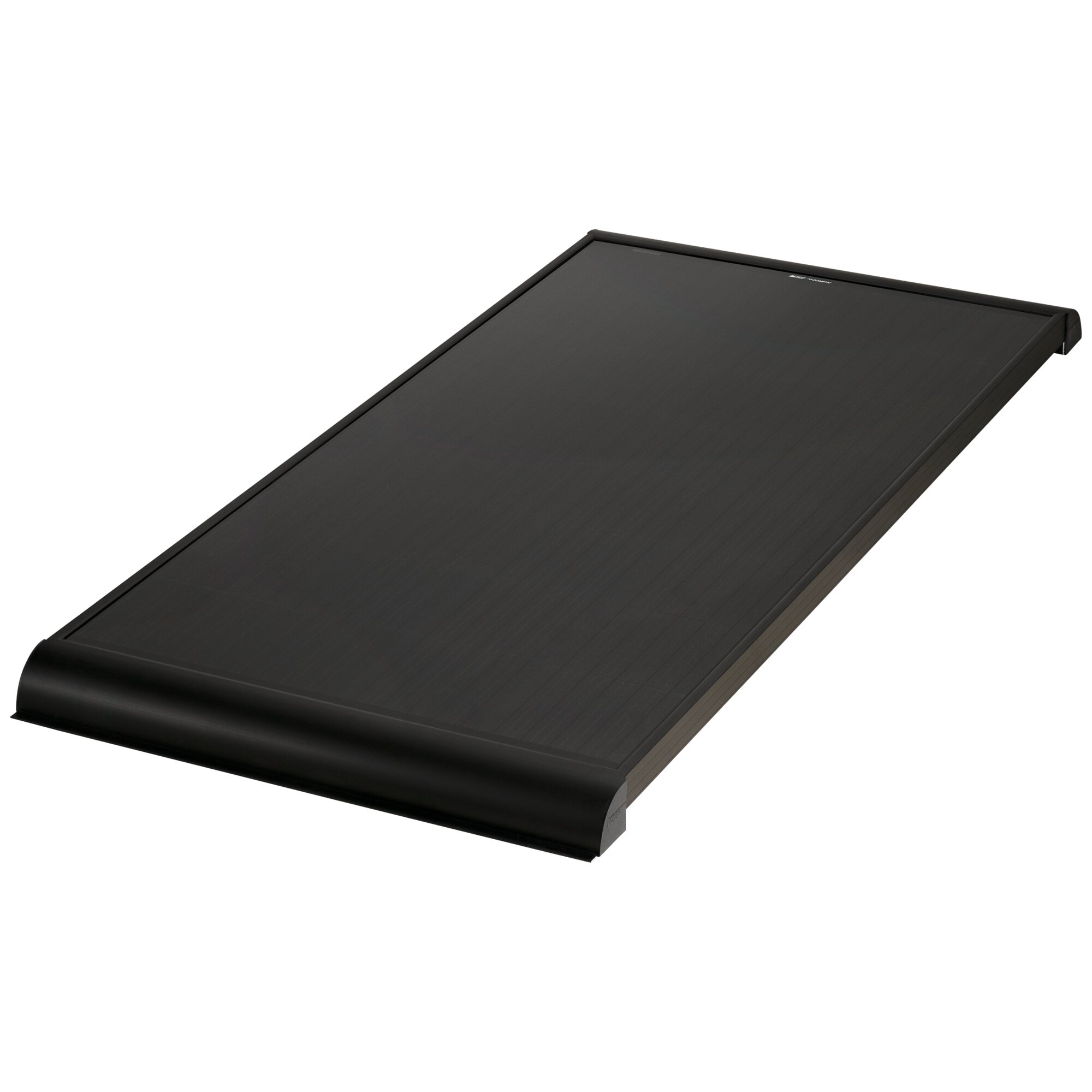 Schwarzes Solarmodul BS165 12 V mit glatter Oberfläche, schmalem Rahmen und abgerundeten Ecken; längliche Photovoltaikplatte in Perspektive