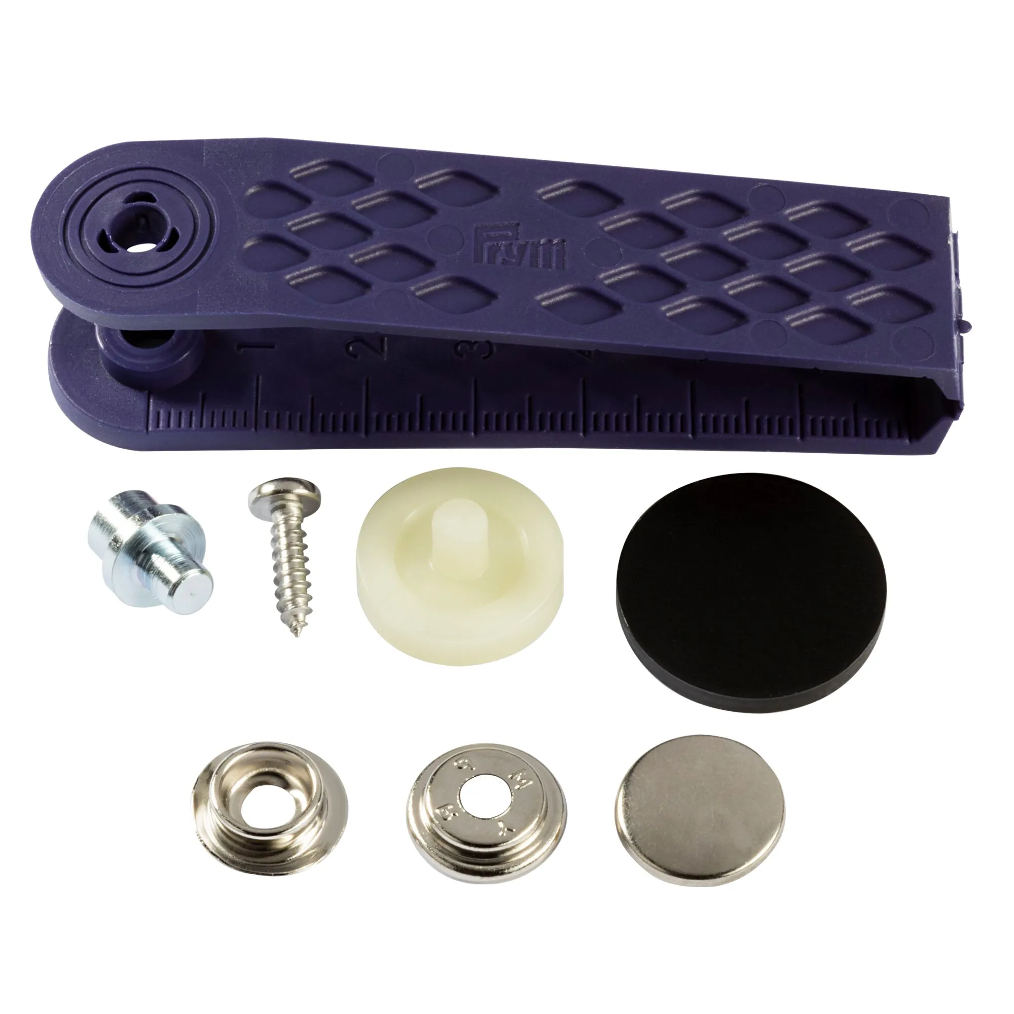 Dunkelblaue Druckknopf-Leiste mit Montagelehre, Schraube und Metall-, Kunststoff- sowie Druckknopfteilen für Yacht und Caravan