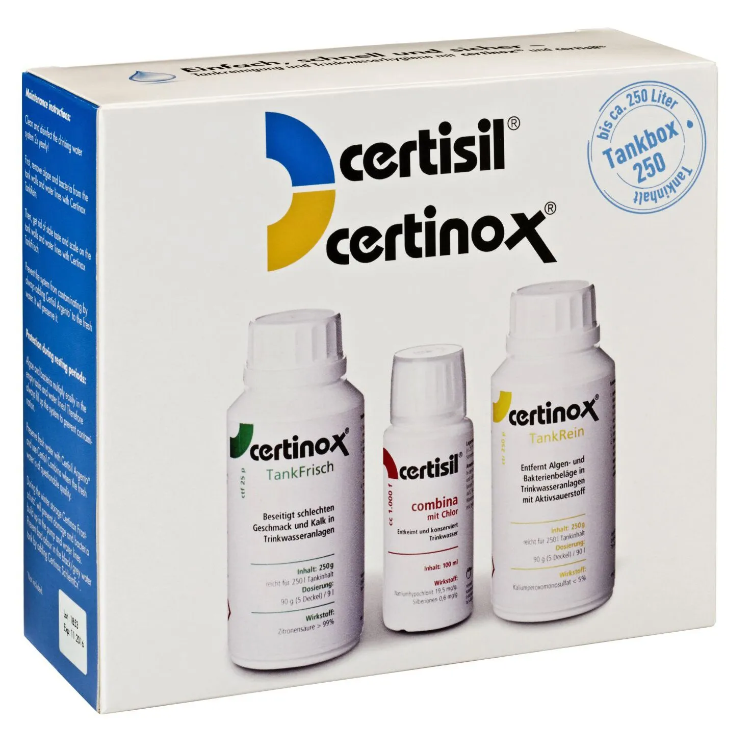 Weiße Verpackung des certibox 250 Sets von Certisil und Certinox mit drei Flaschen zur Reinigung und Desinfektion von Trinkwasseranlagen