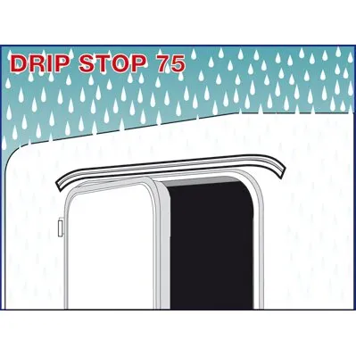 Weiße Regenrinne Drip Stop 75 über einer Tür, als gebogene Abdeckung bei Regen dargestellt
