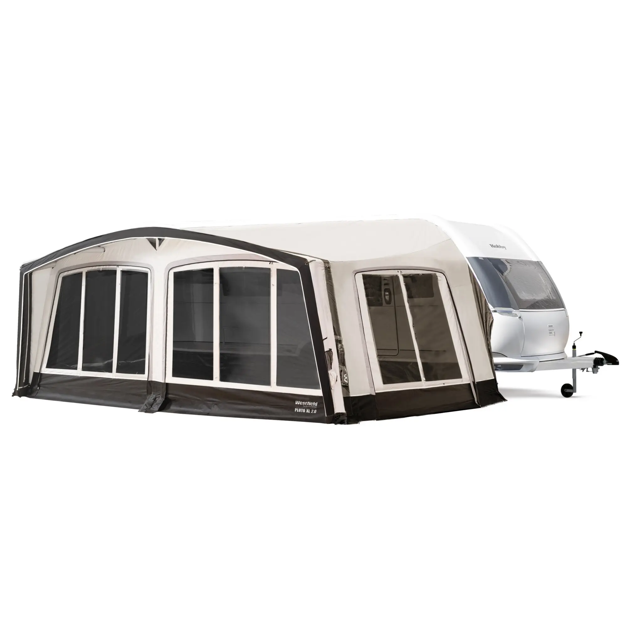 Pluto XL 2 Reisevorzelt beige mit großer Fensterfront, weiß gerahmte Fensterelemente und schwarze Bodenkante, an Wohnmobil angeschlossen