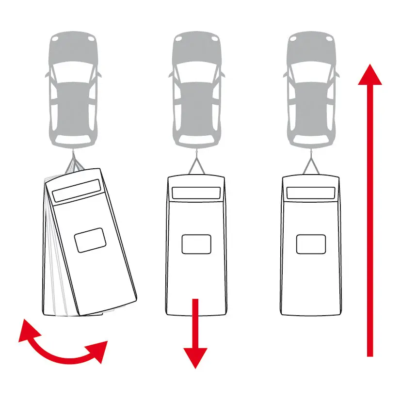 Diagramm eines Anti-Schleuder-Systems für Tandem 1300–1600 kg: drei vertikale Gehäuse, links geneigt mit Kippbewegung, rote Pfeile zeigen Hebe- und Absenkbewegung
