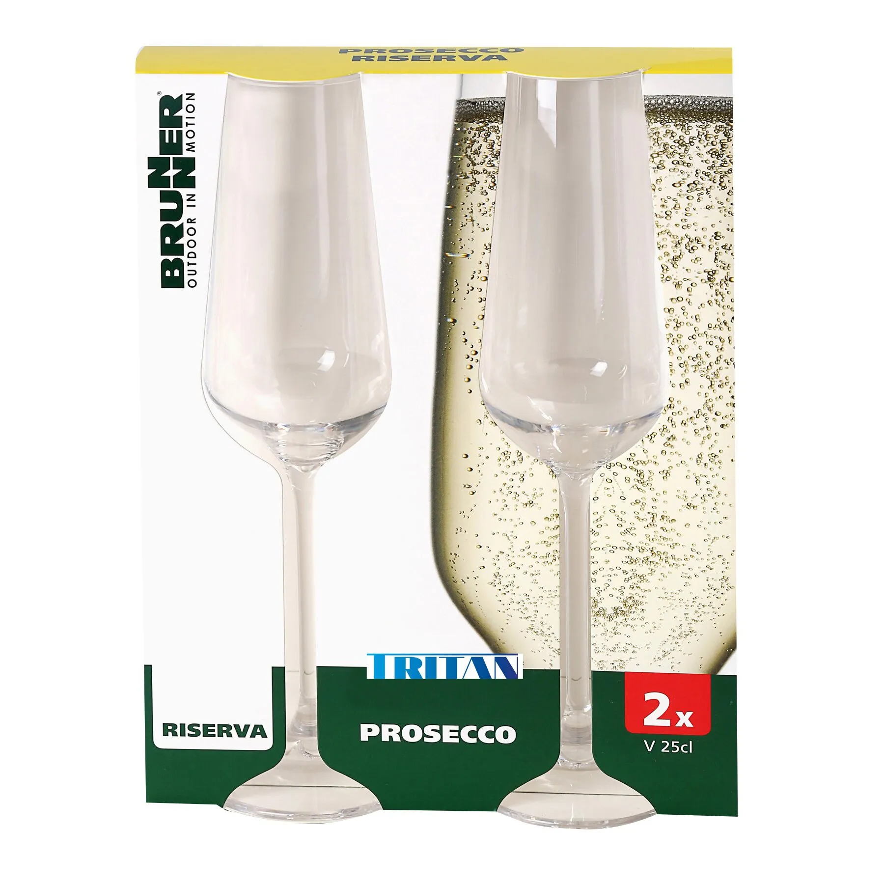 Zwei transparente Sektgläser Riserva von Bruno, 25 cl, in Verpackung mit Prosecco-Aufdruck
