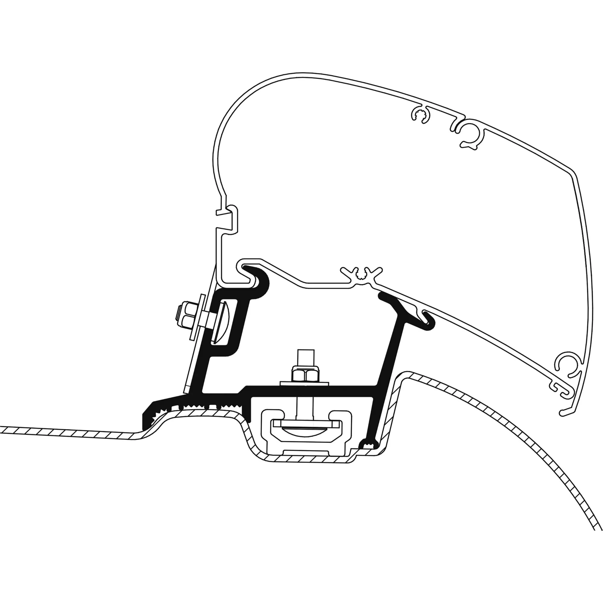 Technische Schnittzeichnung des Adapters für Mercedes-Benz Sprinter ab 04/2006, montiert an einer Fahrzeugkarosserie für TO Serie 6 und 9