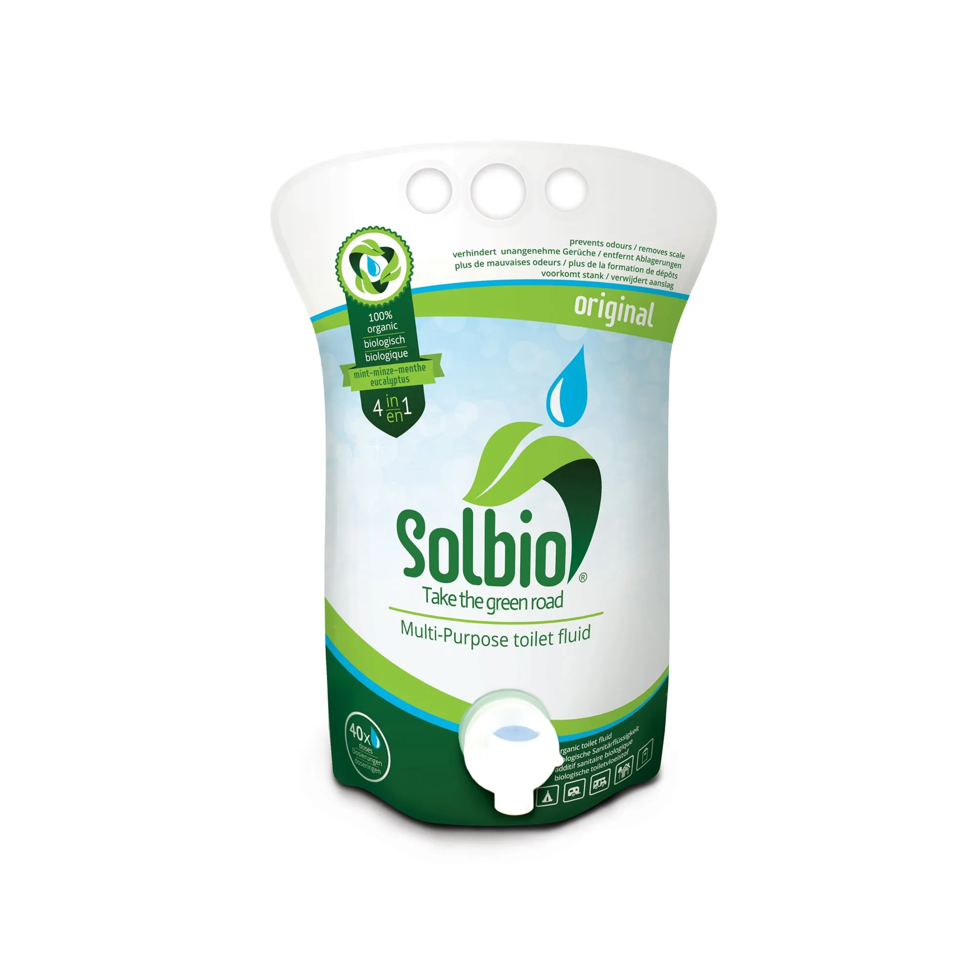 Solbio Toilettenzusatz 4 in 1, 1,6-l-Beutel mit Dosieröffnung, grün-weiße Verpackung und Mint-Eukalyptus-Aufdruck