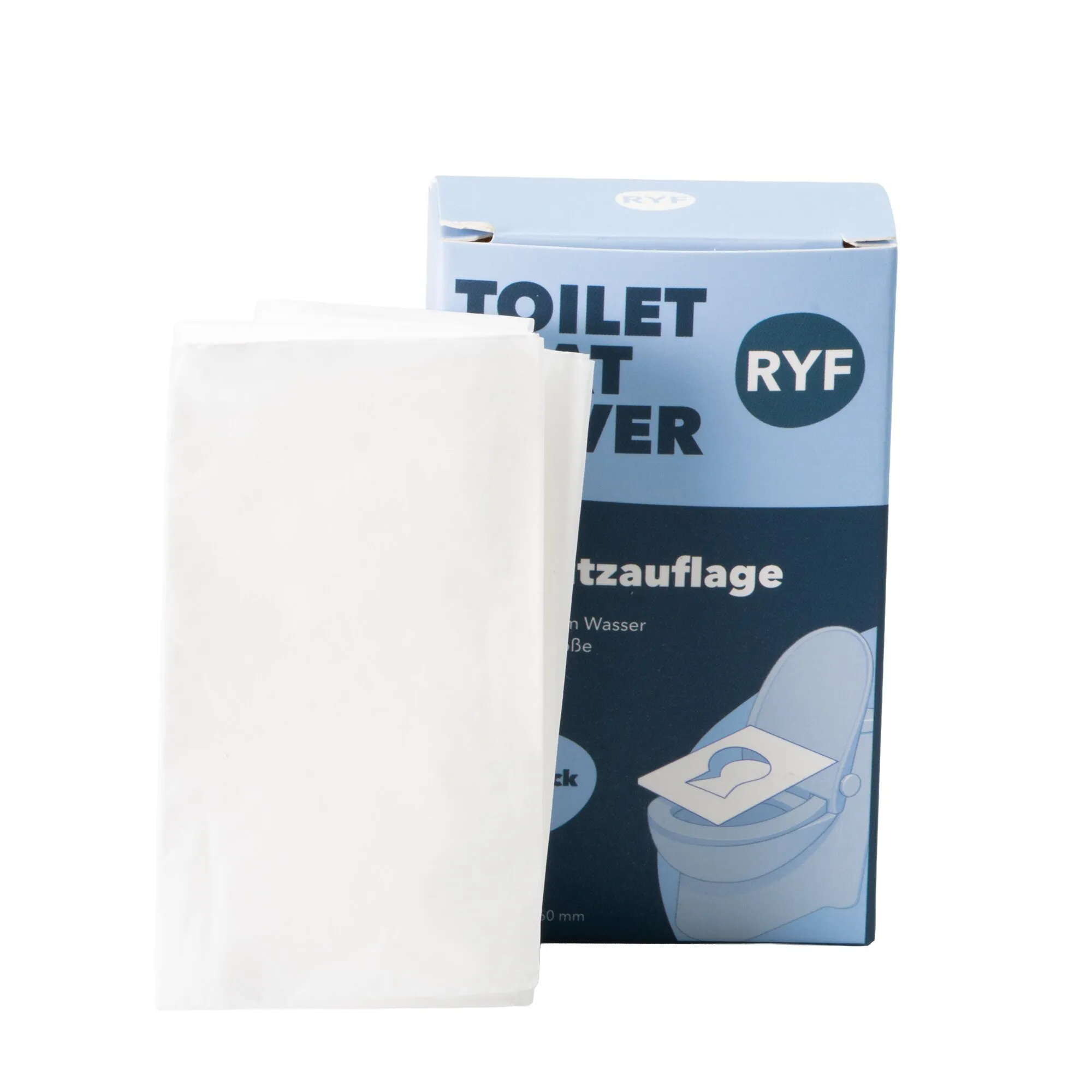 hellblaues Verpackungsdesign mit der Aufschrift TOILET SITZAUFLAGE und RYF Logo daneben liegen weiße WC-Sitzauflagen aus Papier