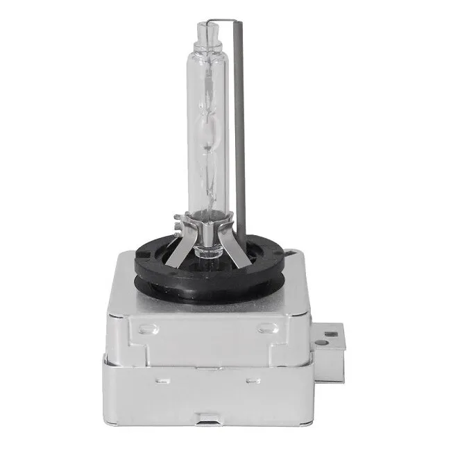 Xenon-Glühlampe PK32d-5 mit transparentem Glasrohr und rechteckigem silberfarbenem Sockel, freigestellt auf weißem Hintergrund