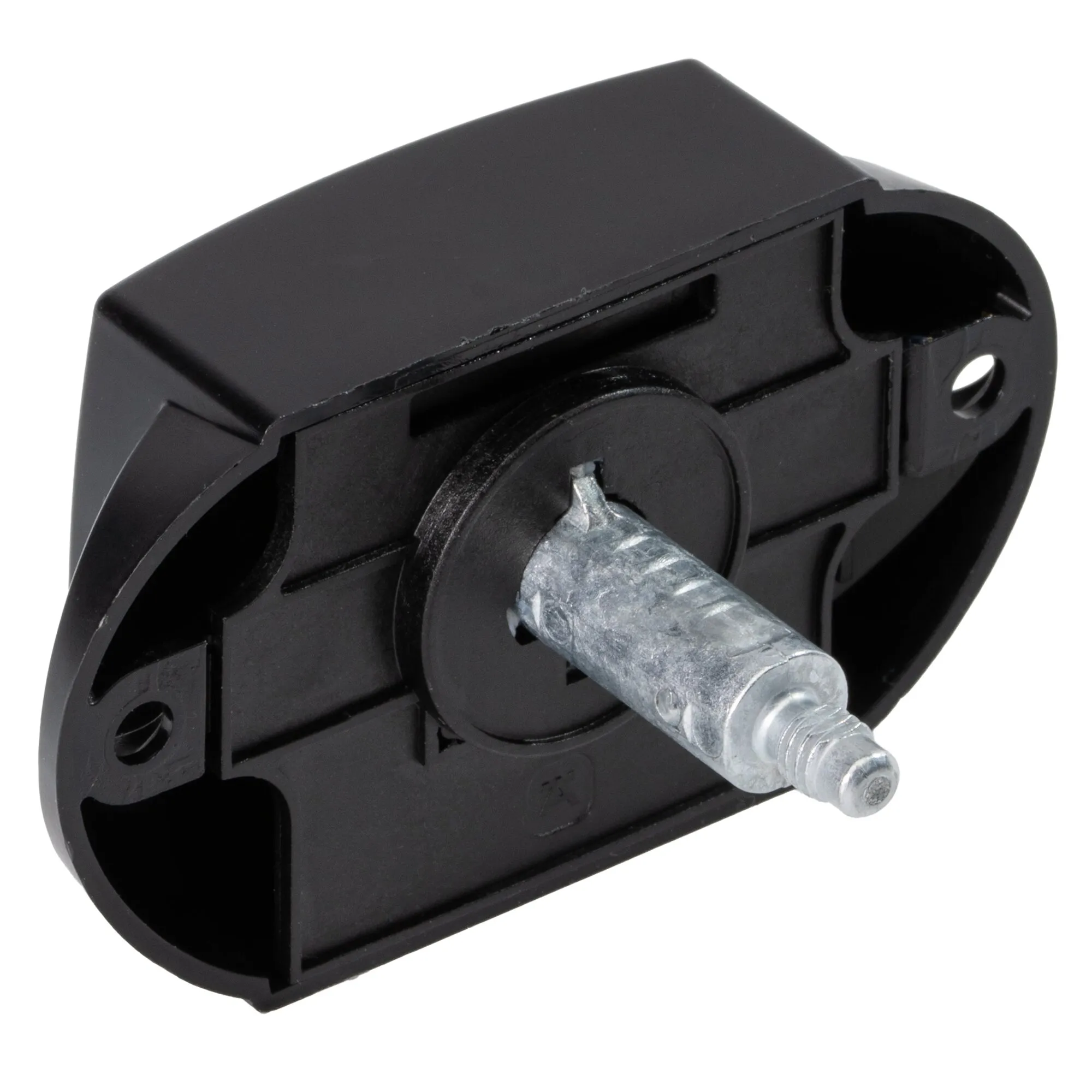 Detailansicht eines schwarzen Push-Lock-Schlosses aus Kunststoff mit Rundzylinder, Metallbolzen und seitlichen Aussparungen