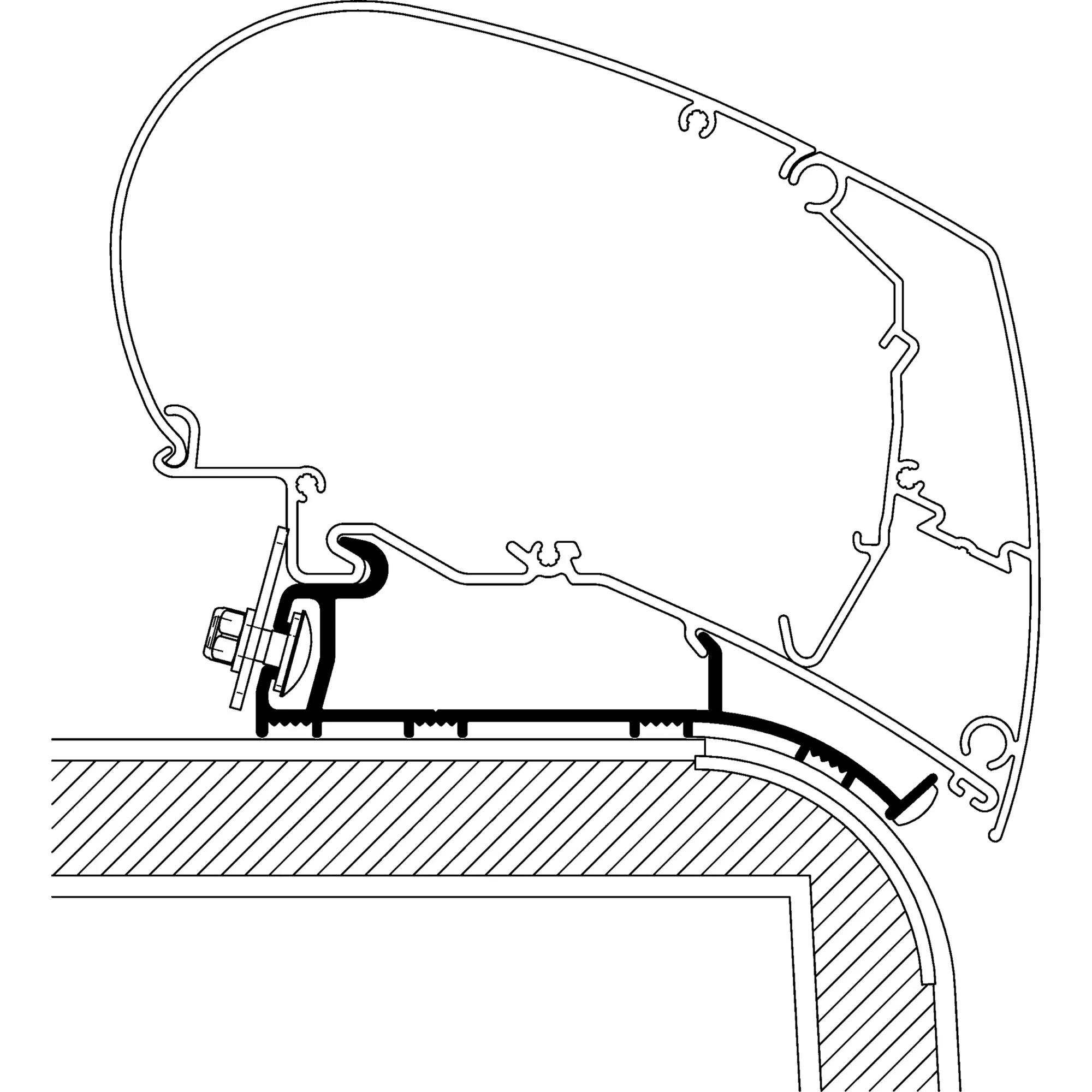 Technische Schnittzeichnung des Roof Adapters für Eriba Nova 2013 zu TO Serie 6 und 9, montiert an der Wohnwagendachkante
