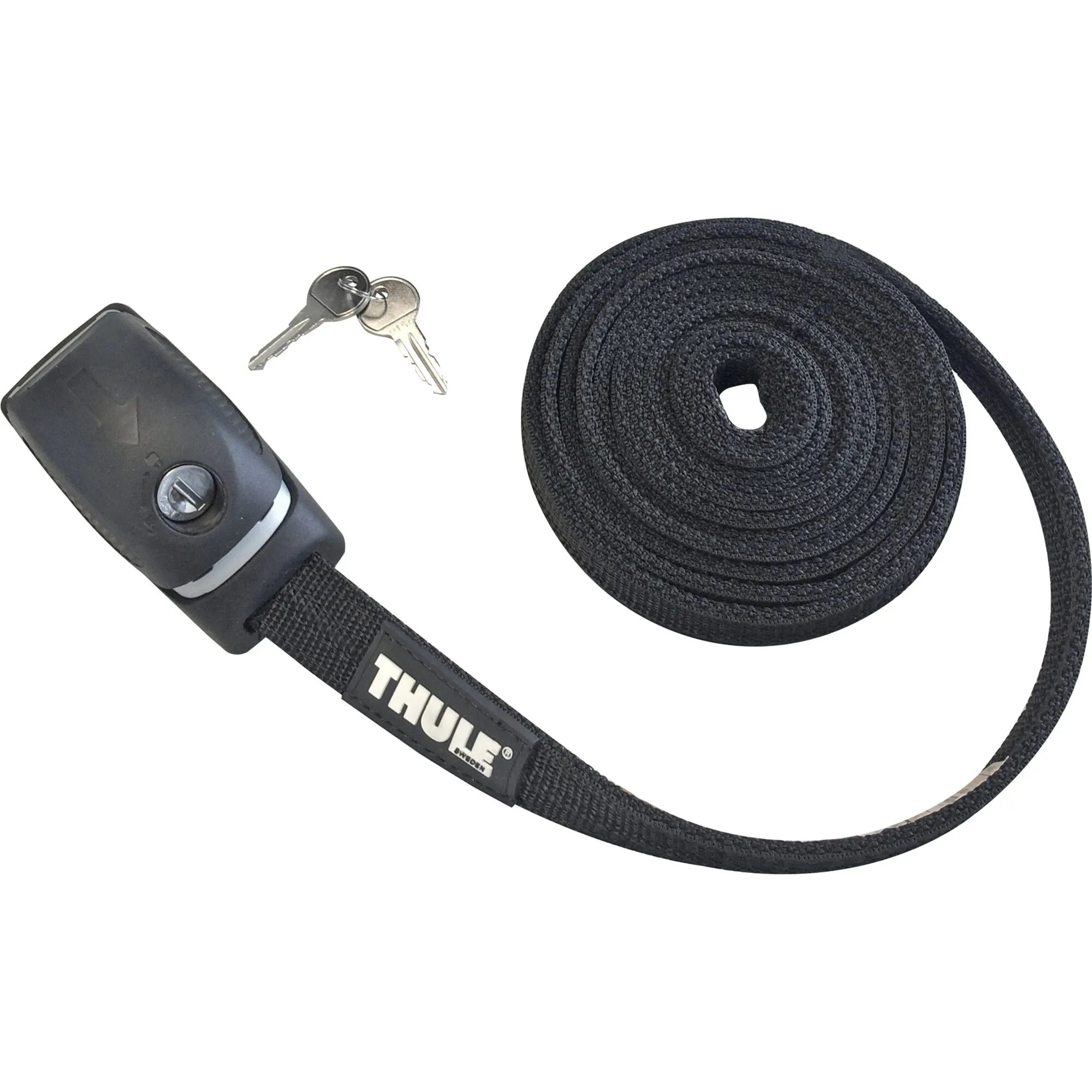 Schwarzes Gurtschloss Strap Lock mit langem Textilband, Schlossgehäuse und zwei silbernen Schlüsseln