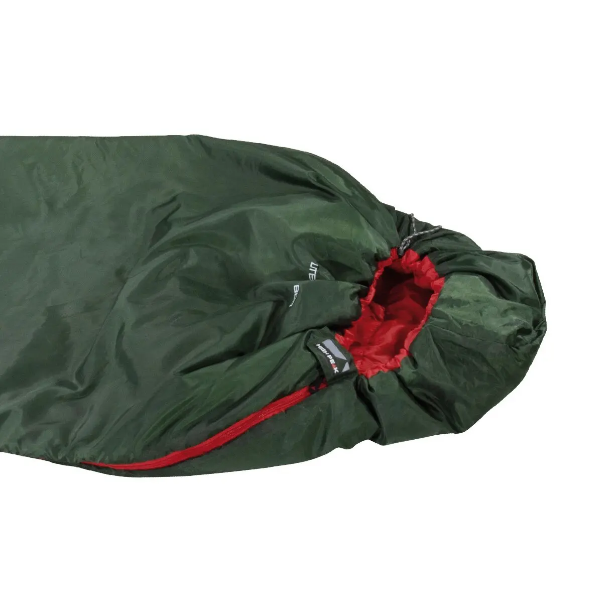 Grüner Mumienschlafsack Lite Pak 800, Außenmaterial grün, roter Innenstoff an der Öffnung sichtbar, rote Reißverschlussleiste am Rand