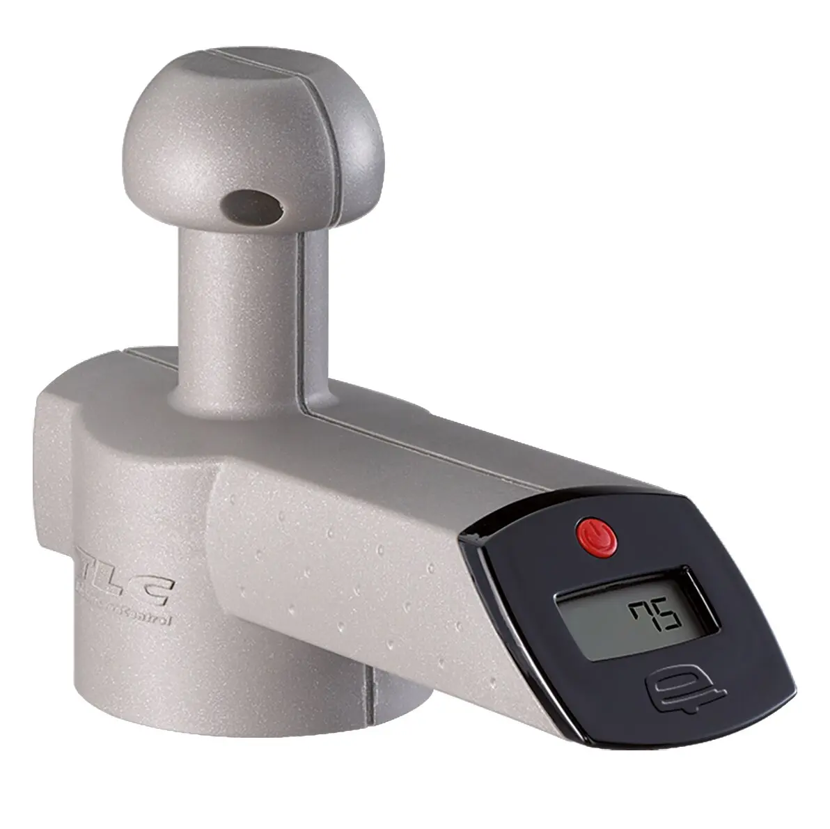 Stützlastwaage TLC für Doppelachser mit LCD-Anzeige, rotem Powerknopf und silbernem Gehäuse, Display zeigt 75