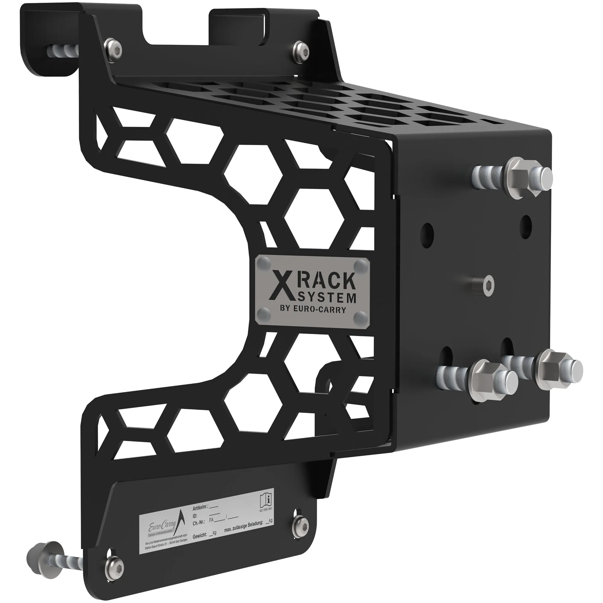Schwarzer Reserveradhalter X-Rack Wheel aus Metall mit Wabenstruktur, Halteplatten, silbernen Schrauben und X-Rack-System-Schild