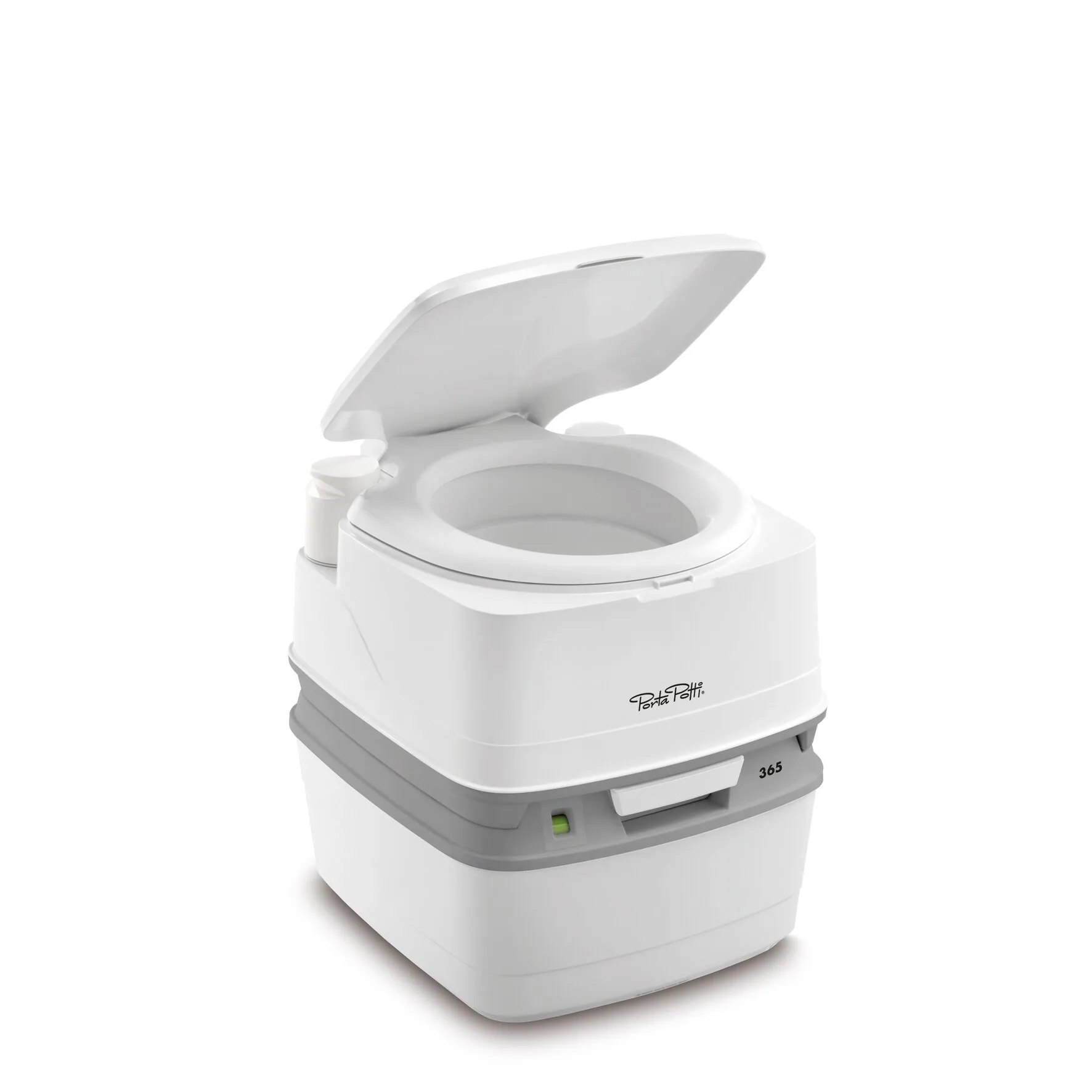 Weiße Campingtoilette Porta Potti 365 aus der Serie 300, 408 mm hoch, mit geöffnetem Deckel