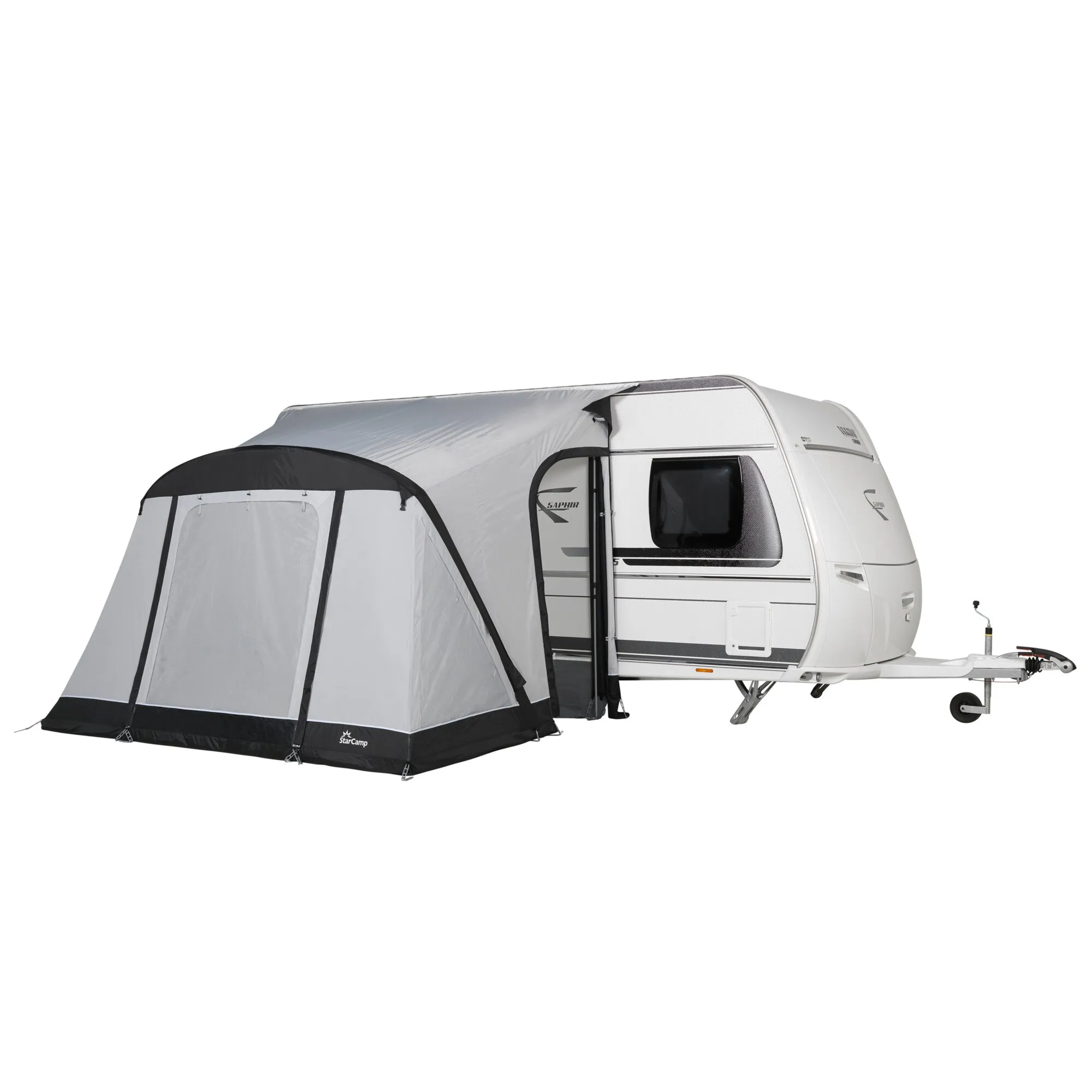 Graues Teilzelt Quick'n Easy Air, 265 cm, an einen weißen Wohnwagen angebaut, mit großen Fensterflächen und Eingang