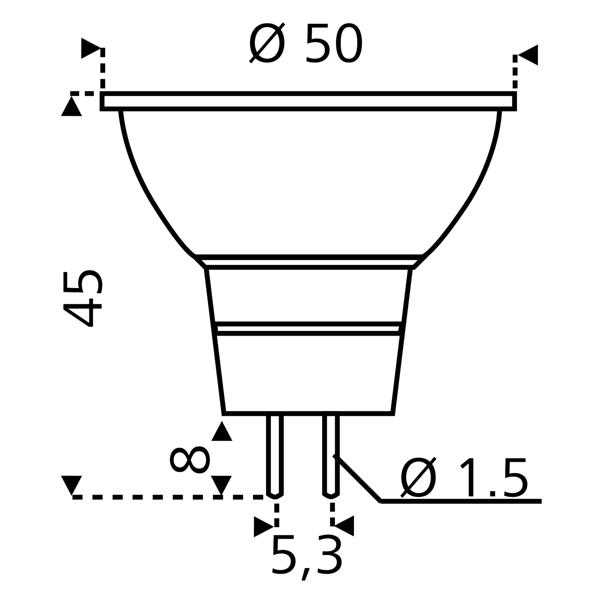 Technische Maßzeichnung eines LED-Leuchtmittels GU5.3 mit Reflektorkörper, 50 mm Durchmesser, 45 mm Höhe und zwei Anschlusspins