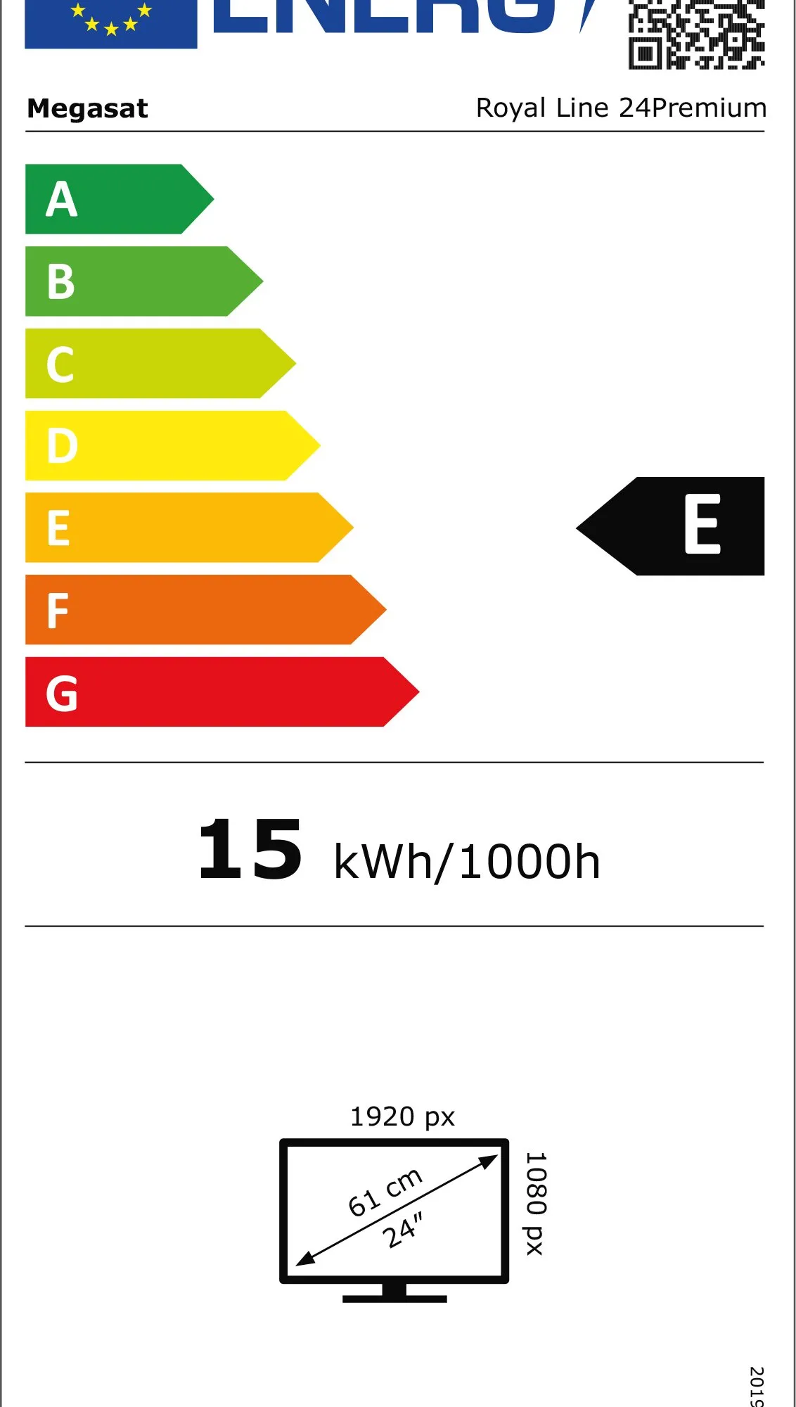 Energieeffizienzlabel des Megasat Royal Line 24Premium: Klasse E, 15 kWh pro 1000 Stunden, 24 Zoll und 1920 × 1080 Pixel