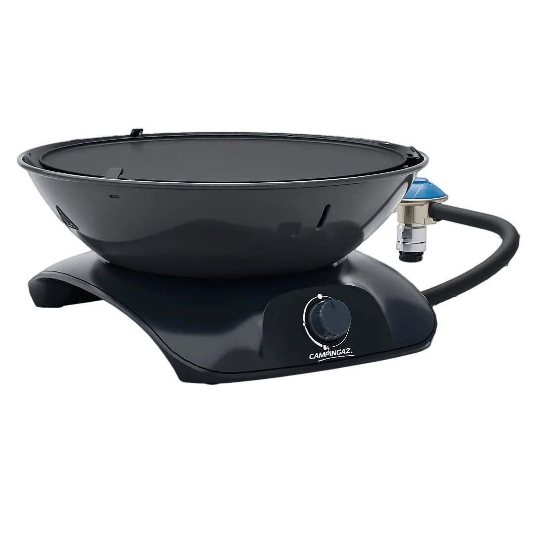 Schwarzer runder Campingaz Tischgrill 360 Grill CV mit großer Grillplatte, Gasanschluss und Drehregler auf Standfuß