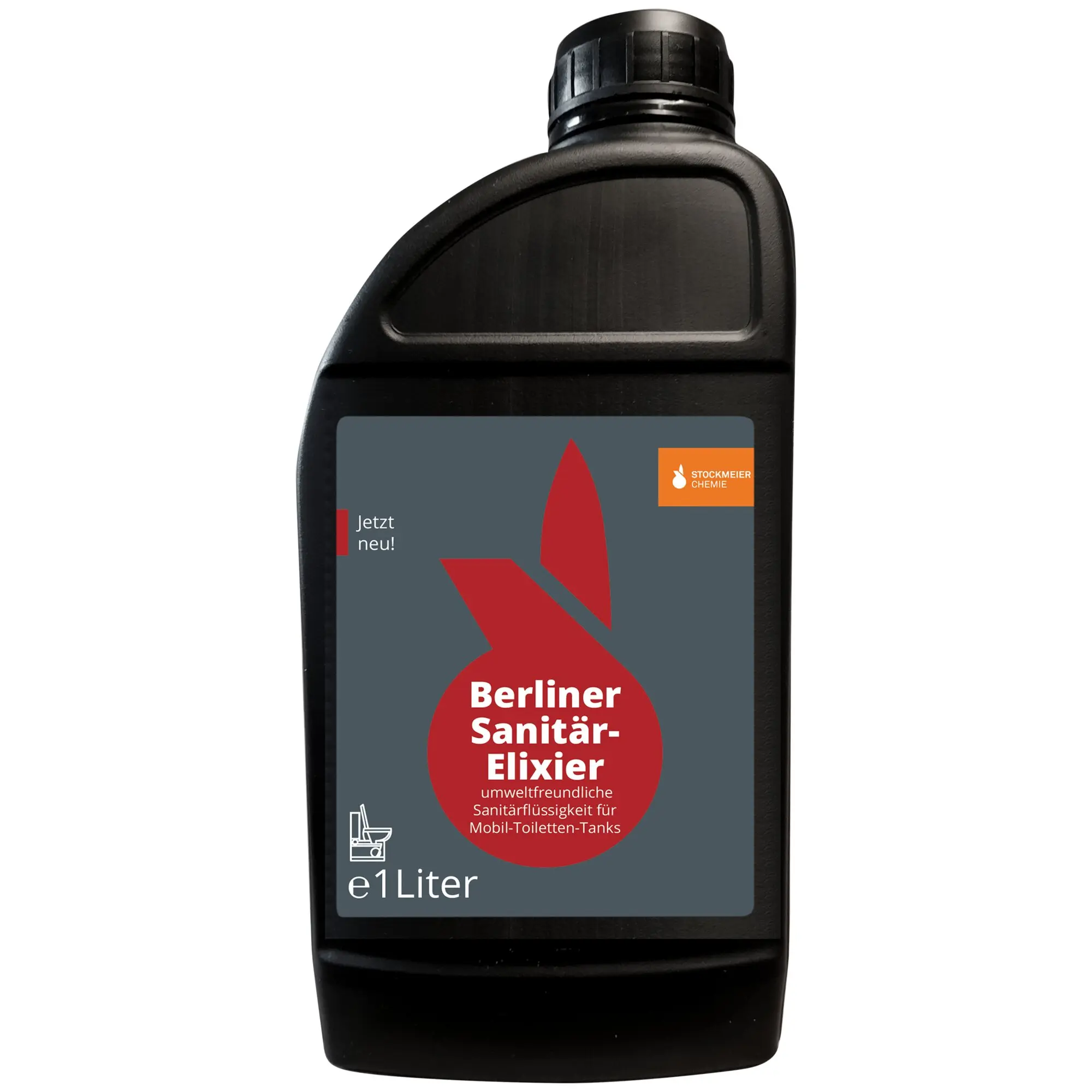 Schwarze Kunststoffflasche mit Schraubverschluss; Etikett zeigt rotes Tropfen-Logo und Text Berliner Sanitär-Elixier, e1Liter, Stockmeier Chemie