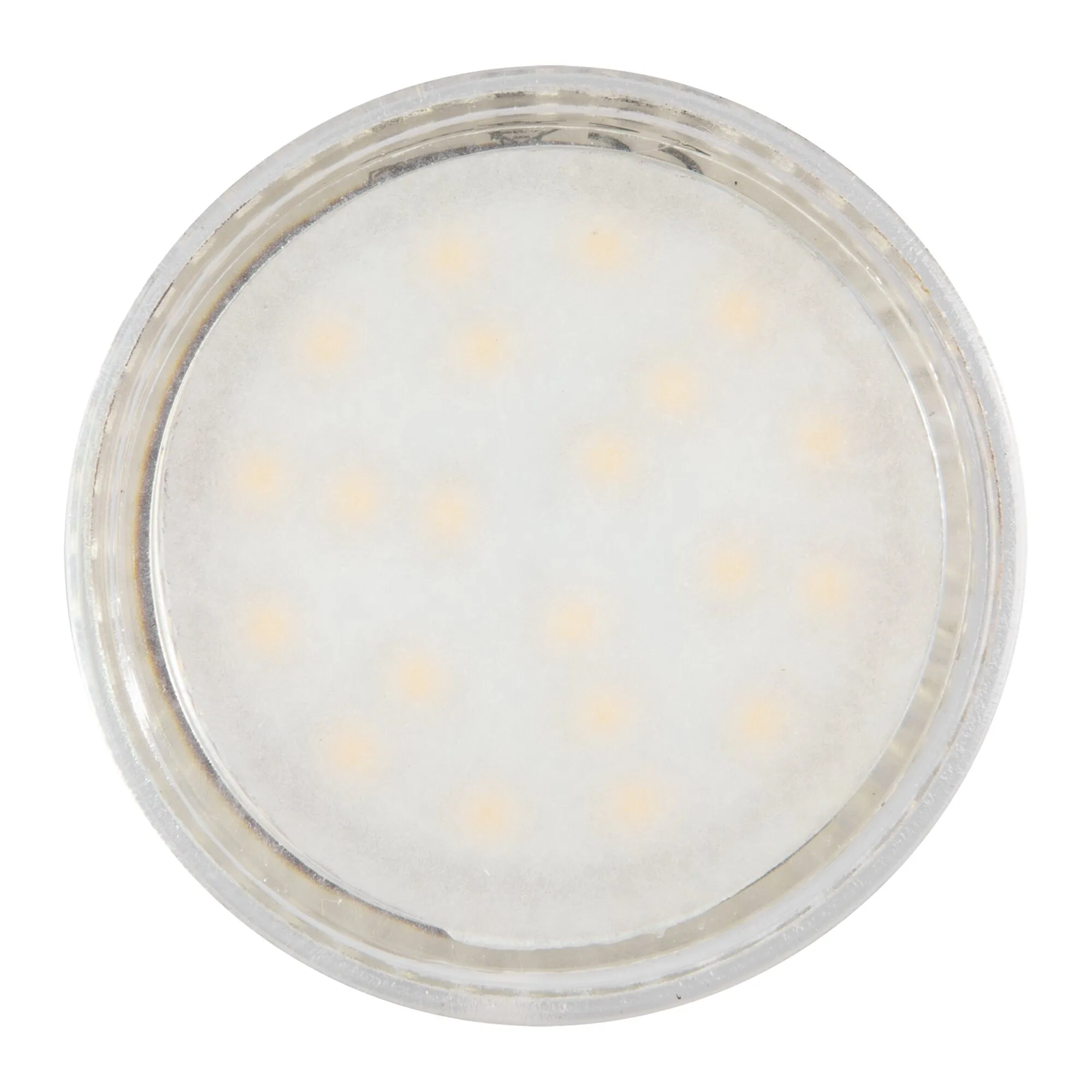 Runde Nahaufnahme eines LED-Leuchtmittels GU5.3 mit milchiger Abdeckung und mehreren sichtbaren LED-Lichtpunkten