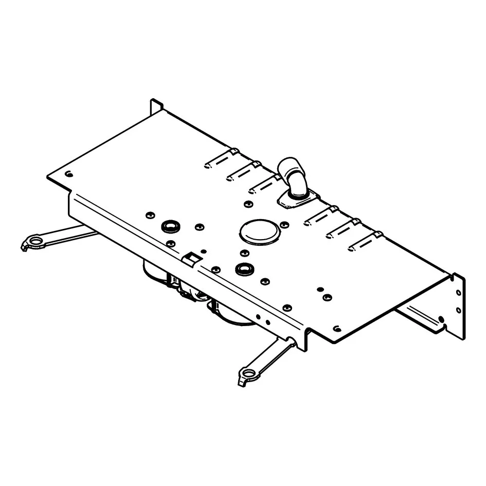 Schwarz-weiße technische Darstellung des kompletten Thule Slide-Out Step V18 12V 700 Motors mit Montageplatte und Befestigungsarmen